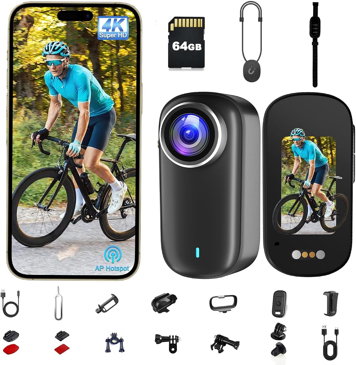 Cámara de acción, cámara corporal 4K, cámara POV impermeable de 64 GB IP65, mini cámara corporal con batería de 1200 mAh para vlogging, desplazamiento, cámara de acción con el pulgar para esquiar en bicicleta
