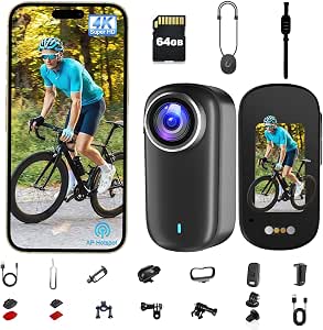Action Camera, Body Camera 4K, 64GB Waterproof POV Camera IP65, Mini Body Cam with 1200 mAh Battery for Vlogging, Travel, Thumb Action Cam for Skiing Motorcycle Cycling
