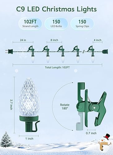 Miniatura 3 de Brightown Luces LED de Navidad C9 para exteriores, 99 pies, 150 luces LED C9 con 150 clips de resorte, luces de árbol de Navidad conectables