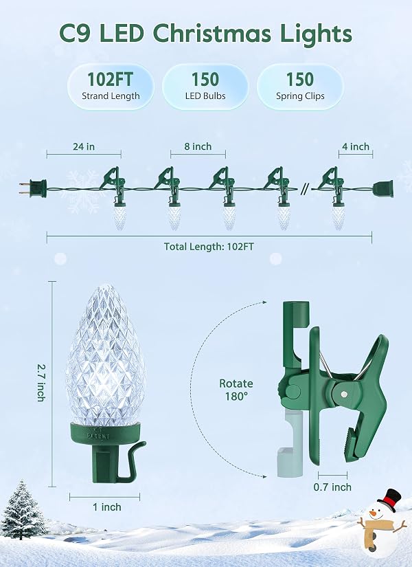 Brightown C9 LED Christmas Lights Outdoor, 99 Feet 150 LED C9 String Light with 150 Spring Clips, Waterproof Connectable Christmas Tree Lights for Outside Roofline Patio Home Xmas Decor, Pure White by Brightown - Image 3