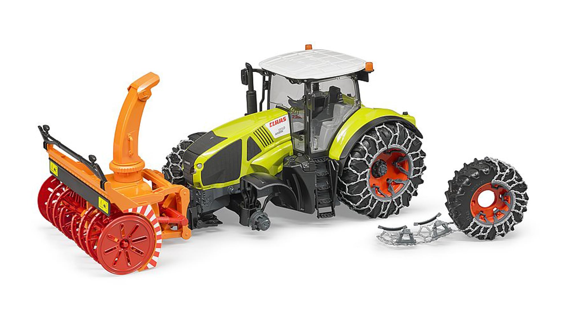 bruder 03017 - Claas Axion 950 con catene da neve e spazzaneve, trattore, servizio invernale, spazzaneve