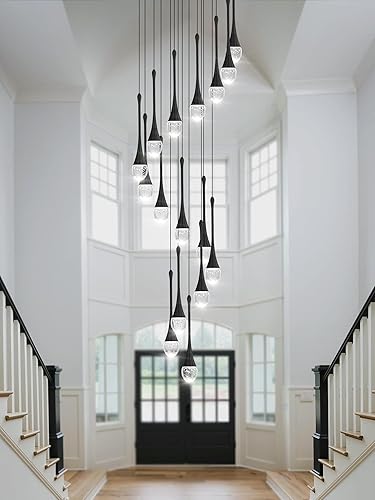 Miniatura 7 de Candelabros de cristal modernos LED regulables para escaleras, lámpara de lágrima negra, lámpara colgante grande para entrada, vestíbulo, sala de