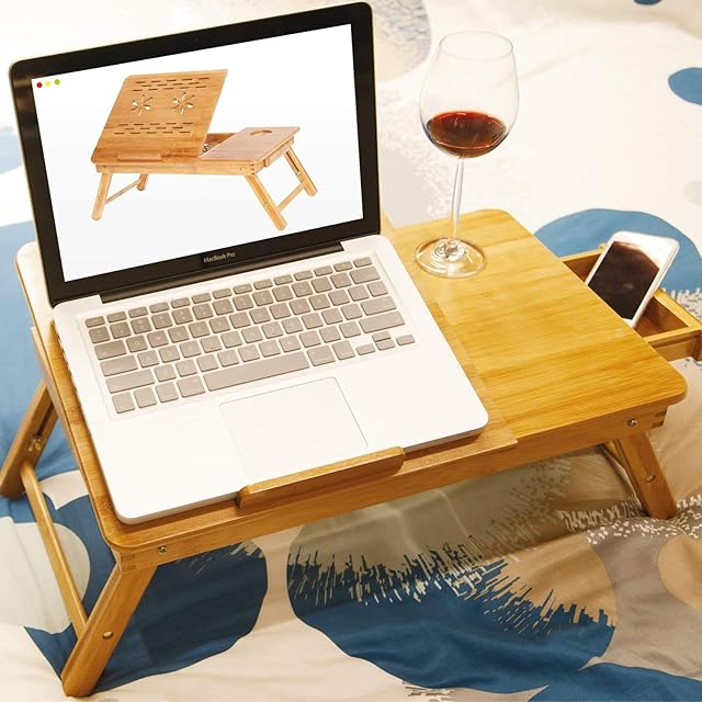 E2B® Bamboo Laptop Desk, Foldable Bed Table, Laptop Table, Height Adjustable Sofa Tray with 5 Tilting Angles, Air holes, Small Drawer, 55 x 35 x 29 cm