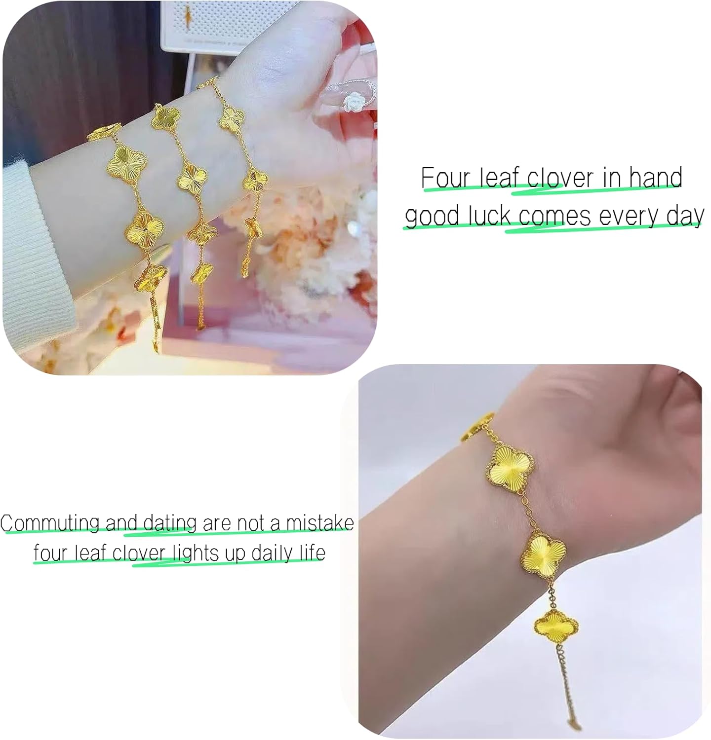 4-Leaf Clover Charm Bracelet for Women, Gold Plated Stainless Steel Dainty Clover Jewelry, Cute Flower Bracelet Set, Fashion Accessories Gift - Image 4