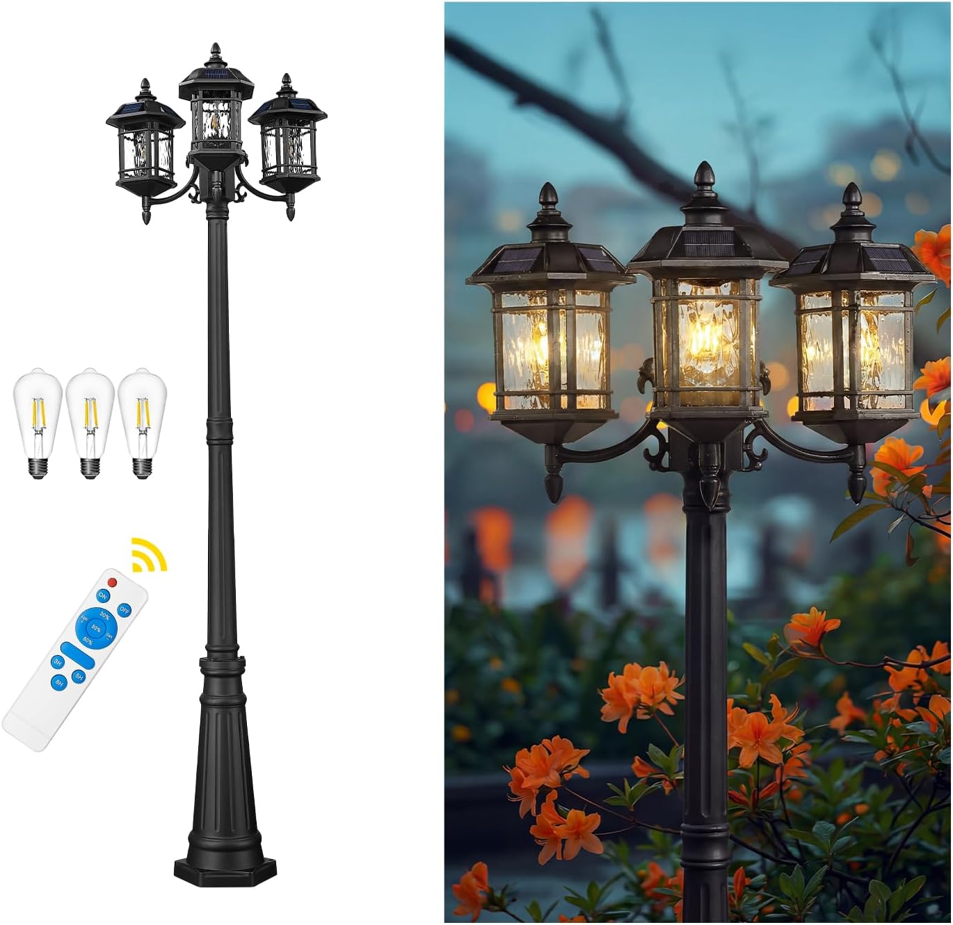 Emliviar 3-Head Outdoor Street Lights Solar Powered, Aluminum Post Lamp 100.4" Dusk to Dawn, Black Solar Column Lighting with Water Ripple Glass, 2084PL-3 SL BK-SW