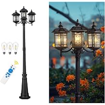 Emliviar 3-Head Outdoor Street Lights Solar Powered, Aluminum Post Lamp 100.4" Dusk to Dawn, Black Solar Column Lighting with Water Ripple Glass, 2084PL-3 SL BK-SW