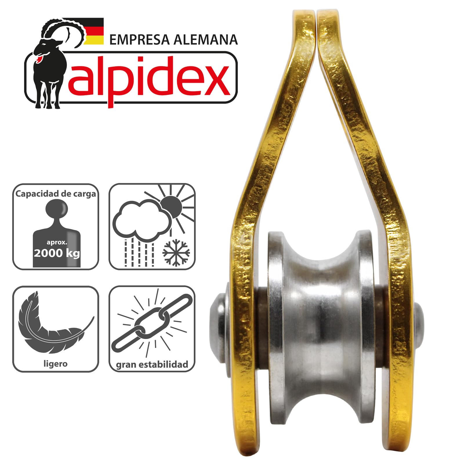 ALPIDEX Polea 20 kN | Polea Móvil | Bloque de Polea | Norma EN12278 | Cuerdas hasta 11 mm Diámetro | Polipasto de Cuerda | Sistema de Polea Cable