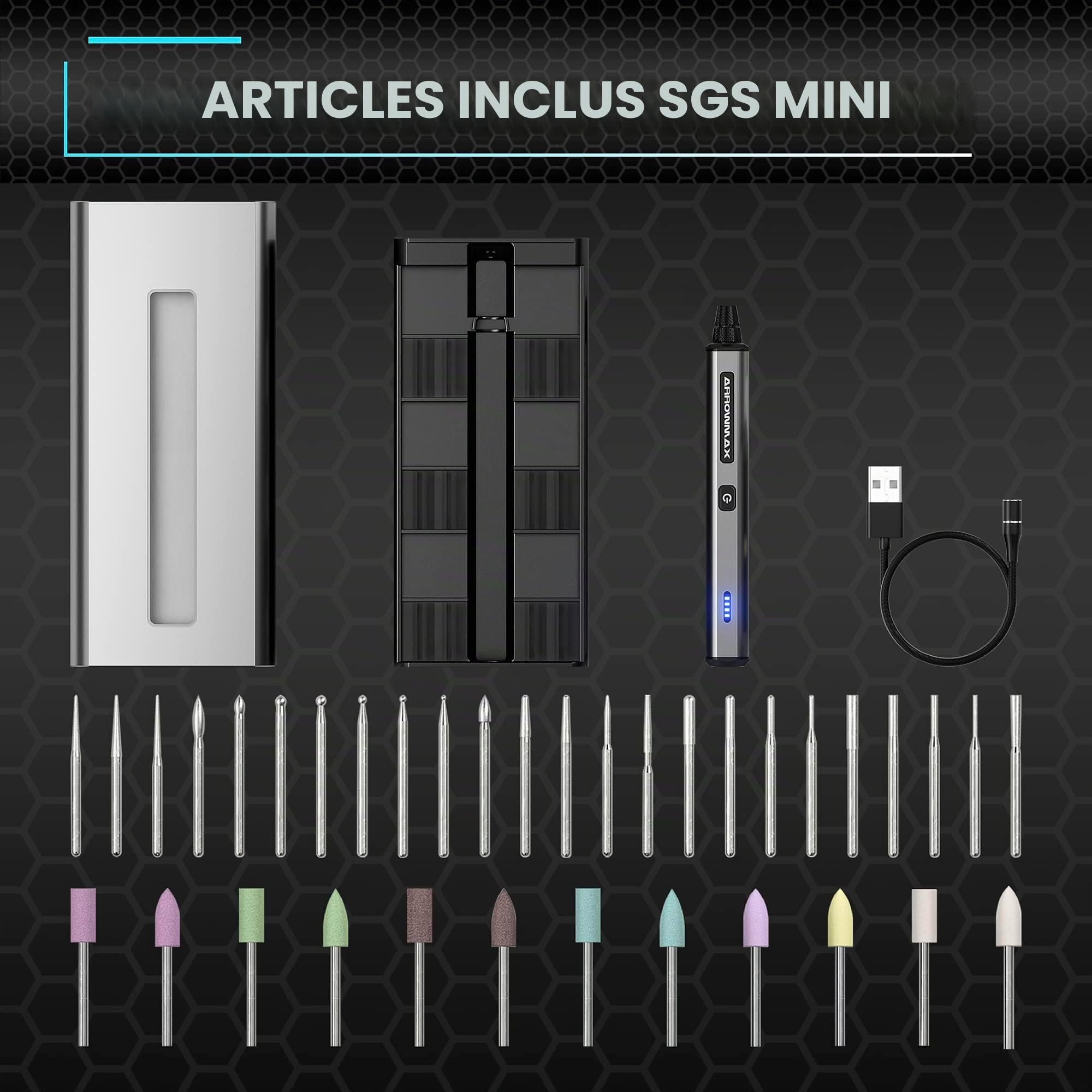 ARROWMAX Stylo de gravure électrique, stylo de polissage avec 36 mors, boîtier en aluminium, Bluetooth, APP, charge magnétique sans fil, machine à graver sans fil pour bijoux (SGS MINI)