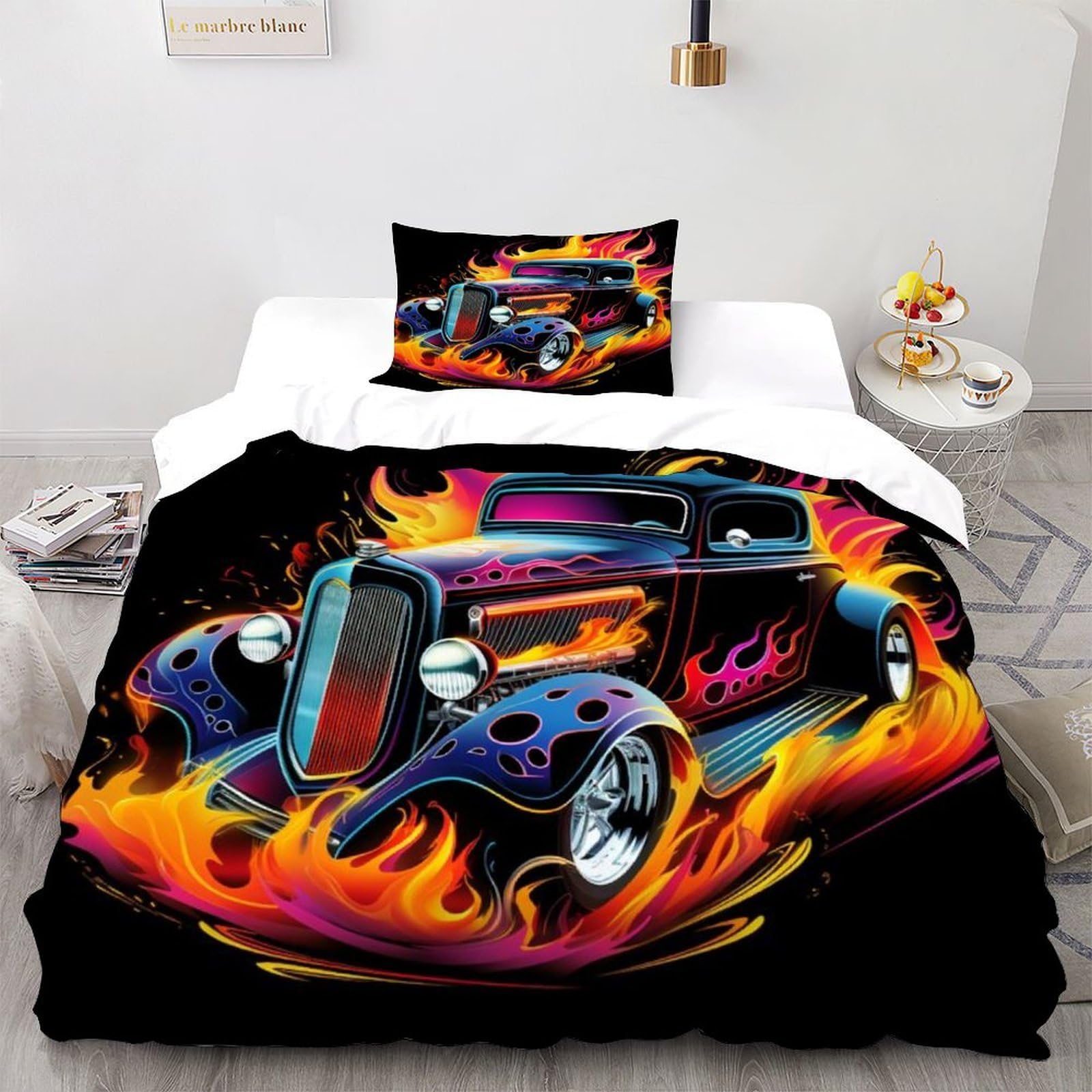 Flaming Car Bedding Set Theme Bedspread Sports Themes Duvet Cover Set Microfiber Quilt Cover Universal for All Seasons Pillowcase Single（135x200cm）