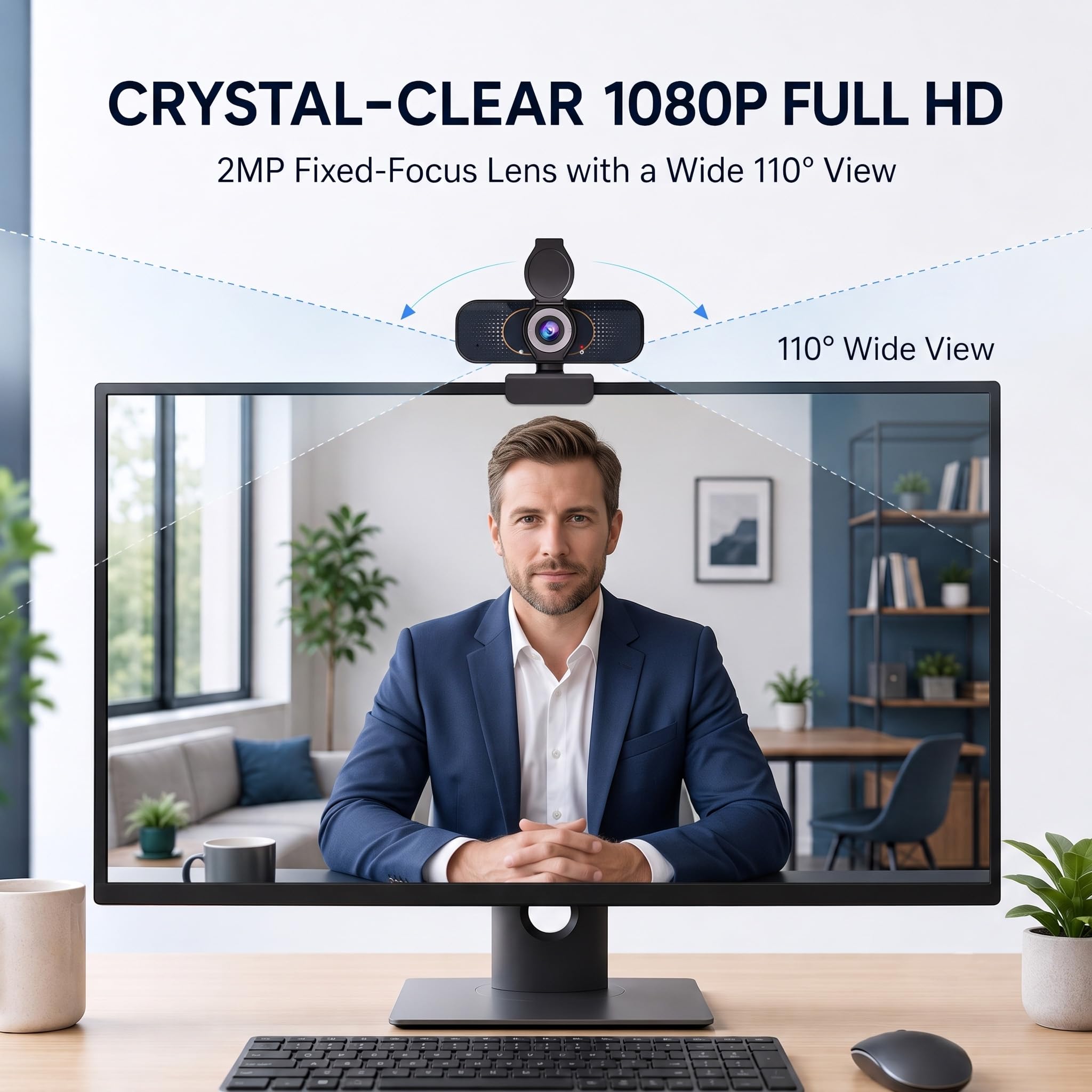 Webcam HD 1080P con treppiede girevole, microfono integrato, copertura per la privacy, fotocamera grandangolare, correzione automatica della luce, USB Plug & Play, per laptop, desktop, PC