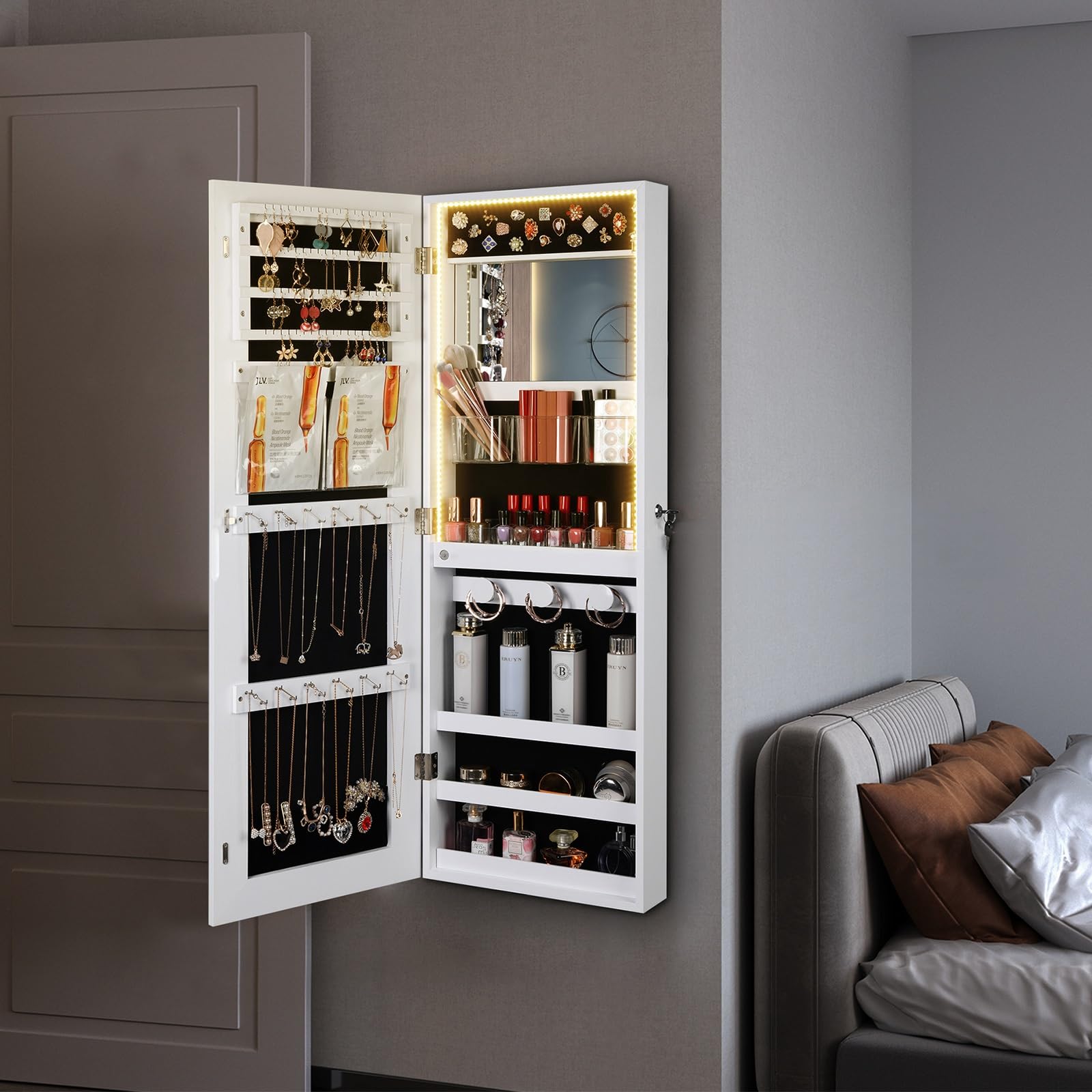 Espejo joyero LED de 108 cm (42,5"), para Pared o Puerta, con Espacio de Almacenamiento para Sala de Estar y Dormitorio (Blanco)