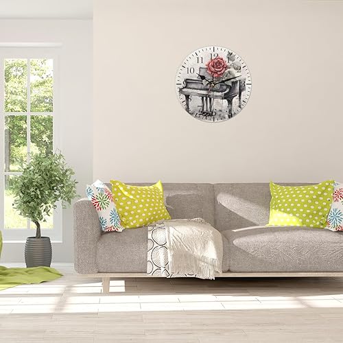 Miniatura 4 de Reloj de pared de piano vintage, silencioso sin tictac, música de rosas, reloj analógico, funciona con pilas, decorativo para sala de estar,