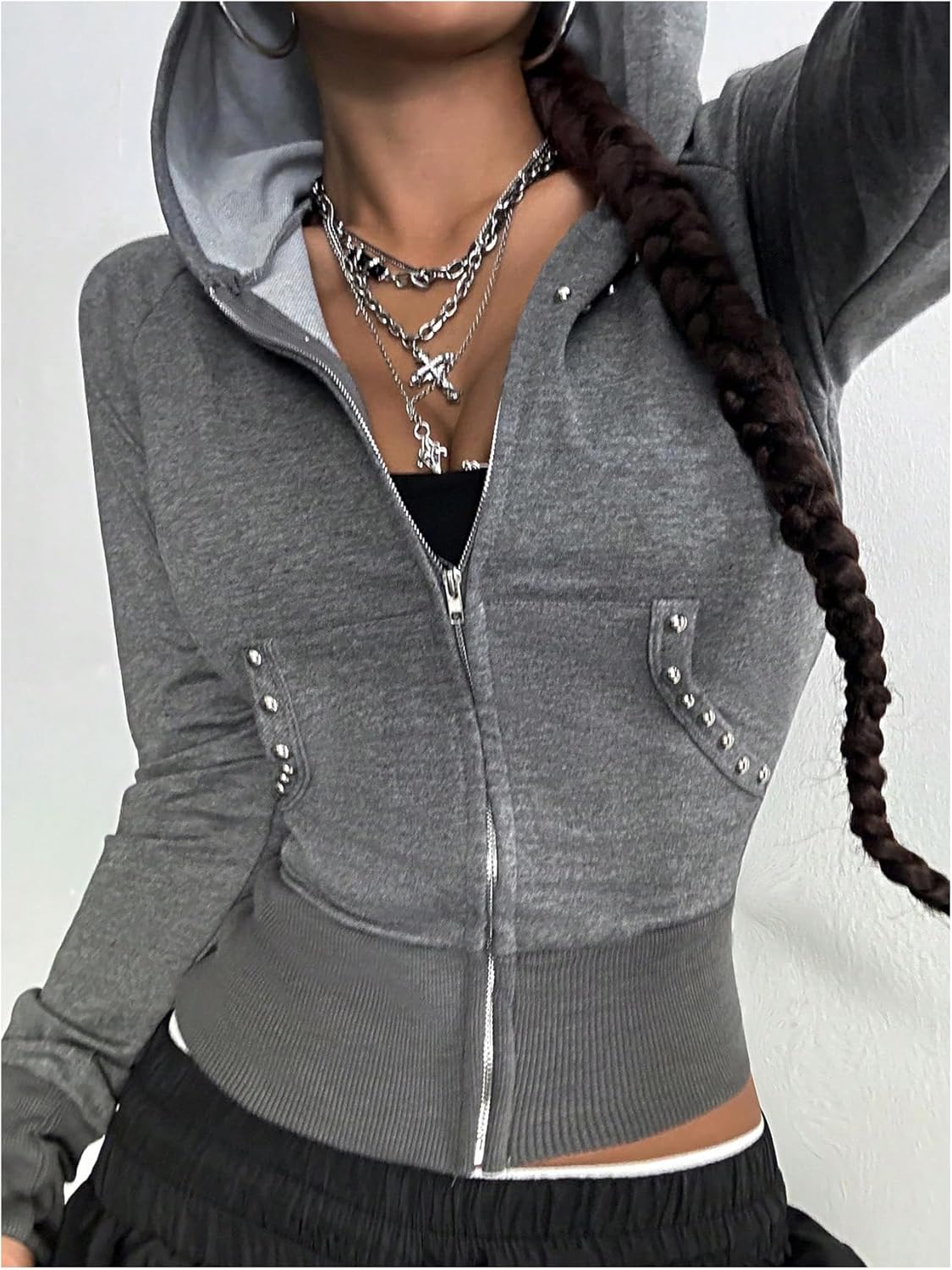 Milumia Women's Y2k Zip Up Crop Hoodie Rivet Long Sleeve Hooded Sweatshirts Outerwear - Image 4