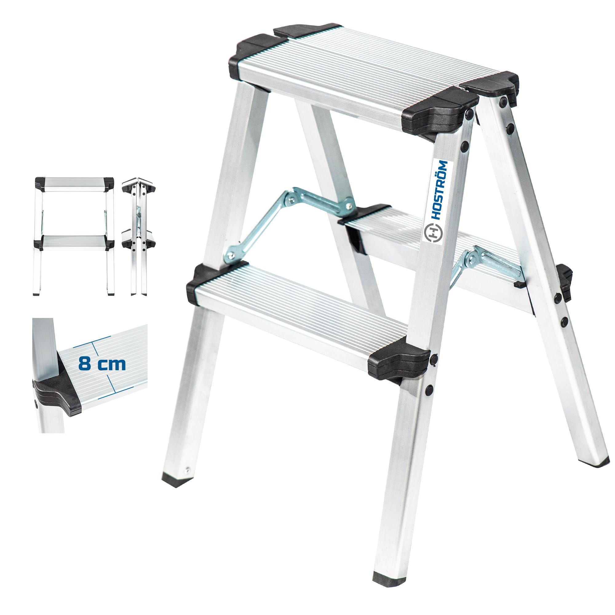 HOSTRÖM Escalera de 2 peldaños HOMILIX2, Escalera Plegable compacta, Aluminio, diseño Compacto y Robusto, Altura máxima de Trabajo de 2,08 m, garantía de 5 años.