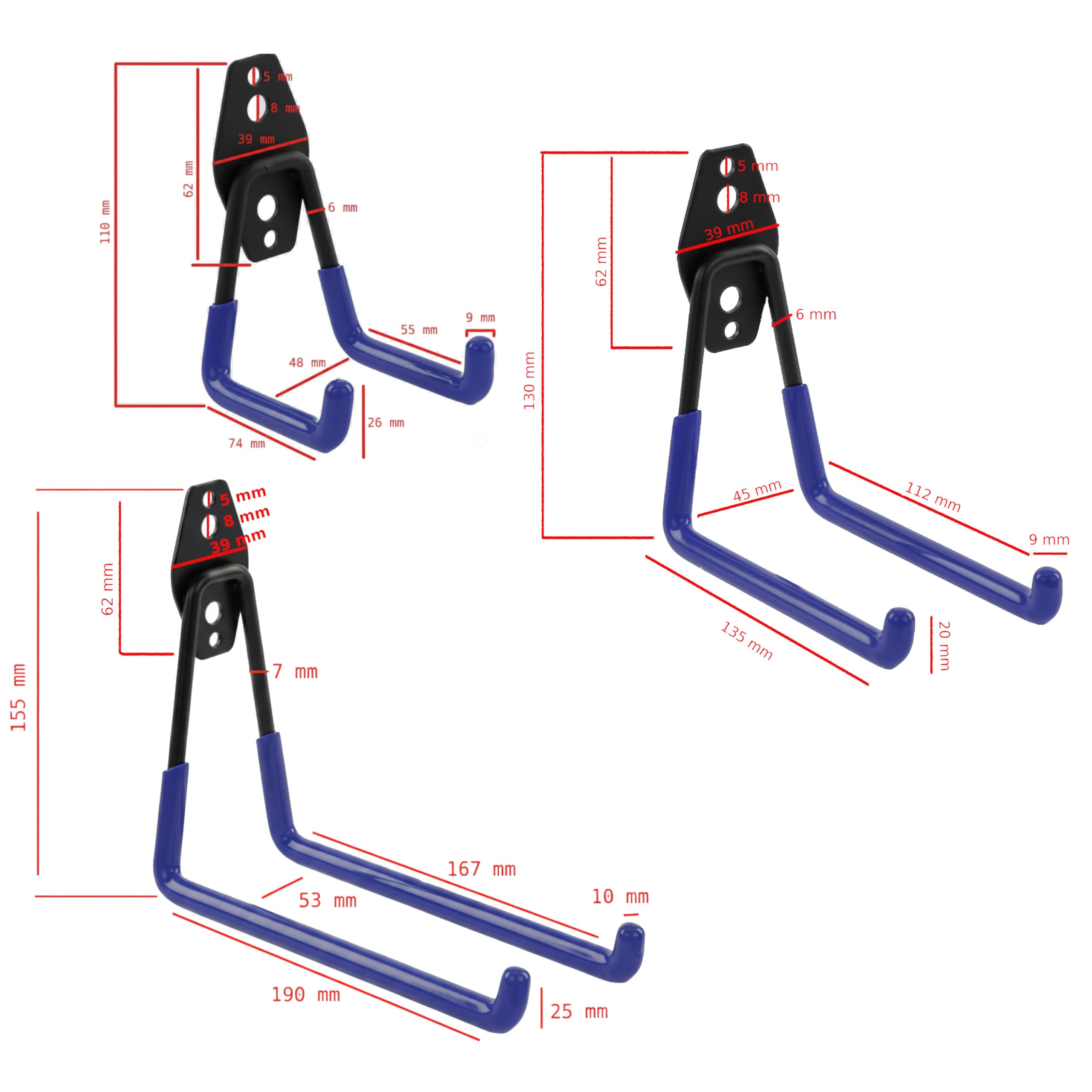 botle Set di 14 ganci per attrezzi Qbrick per utensili dritti e a forma di U S, M, L, in acciaio con PVC, garage, officina, utensili elettrici, doppio gancio, portata fino a 30 kg