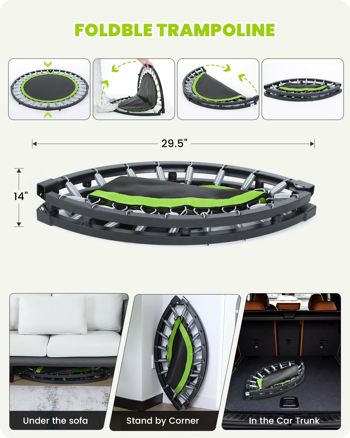 Sequence of images demonstrating how to fold the Sportneer trampoline for compact storage under a sofa, in a corner, or in a car trunk.