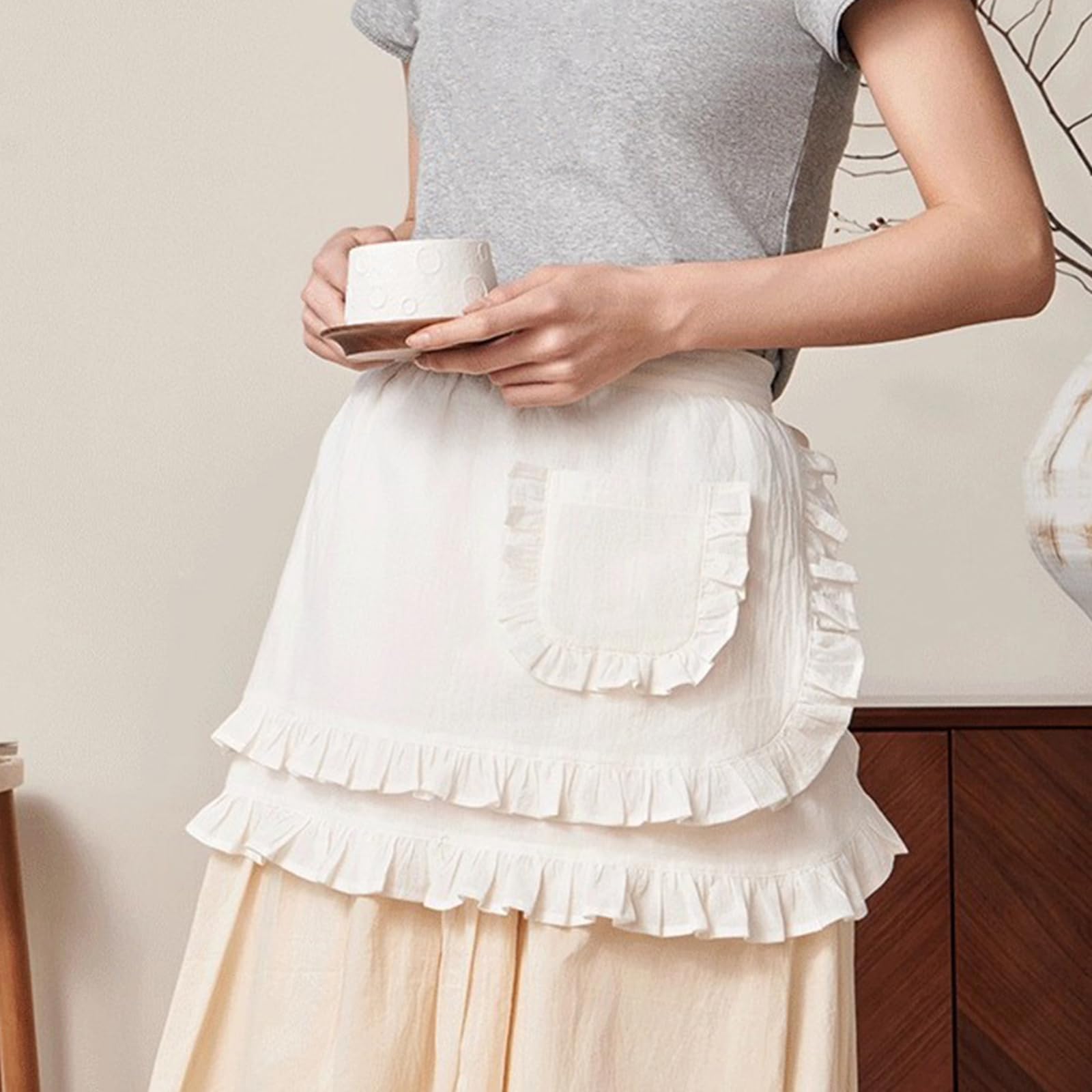 Fartuch W Talii Fartuchy Kuchenn Damski Z Falbankami Krótki Fartuch Z Kieszeniami Do Cosplay, Dla Dziewcząt Do GotowaniaWhite,One Size