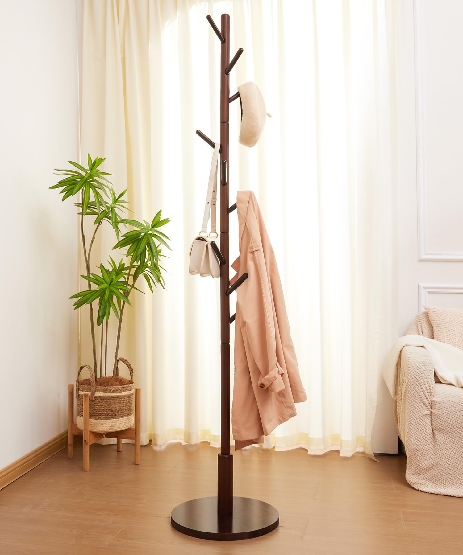 Yorbay Appendiabiti in legno massello di faggio, Appendiabiti a forma di albero con 9 ganci per giacche, cappelli, borse, camera da letto, ufficio, ingresso, 38 x 179 cm, Marrone