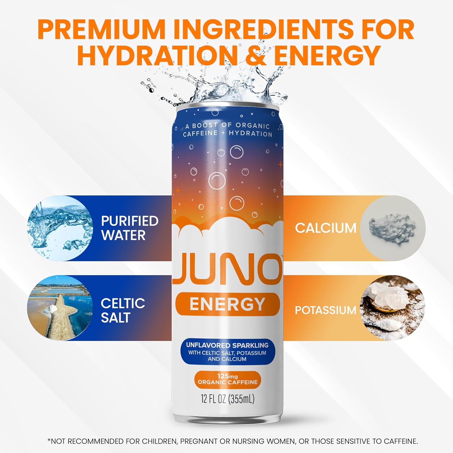 JUNO ENERGY Unflavored Sparkling Energy Drink - Sugar Free, 125mg Organic Caffeine from Green Coffee Beans with Celtic Salt, Potassium & Calcium for Hydration & Energy - 12 Pack - Image 3