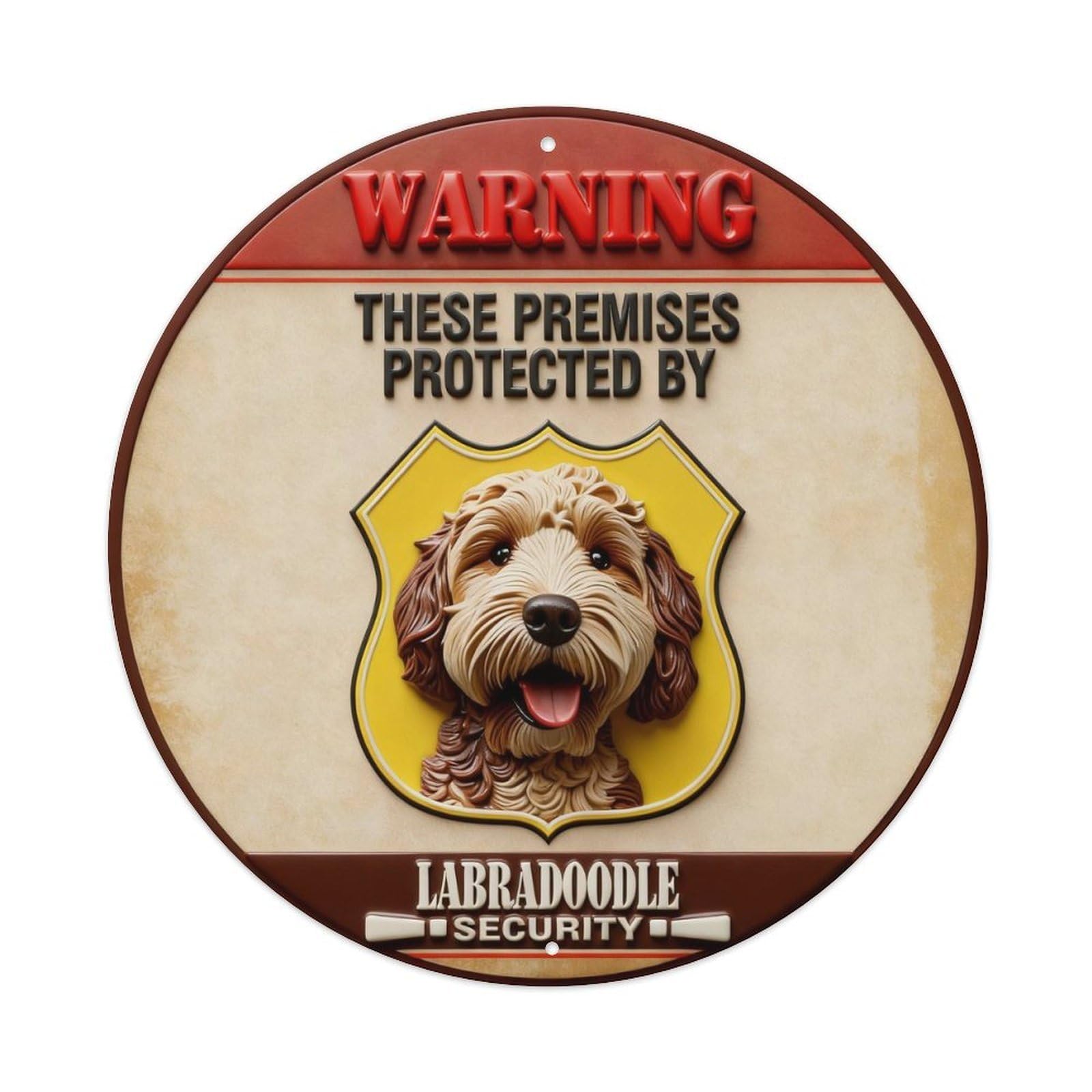 Warning Sign With Labradoodle Dog Security Theme Round Metal Tin Sign Vintage Wall Decor, Bar Garage Cafe Kitchen Home Wall Art Poster 8x8inches