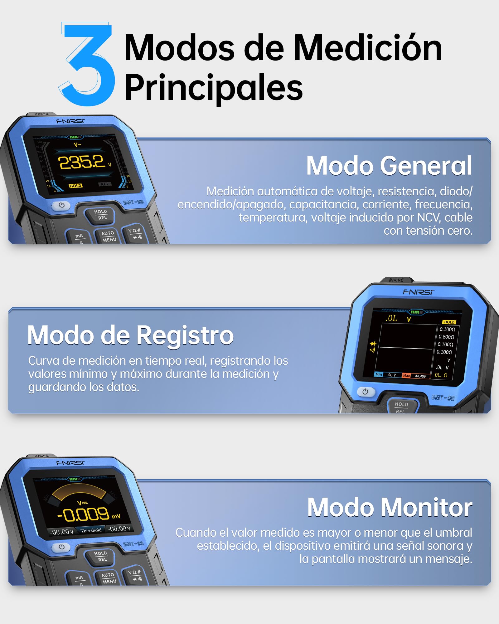 FNIRSI DMT-99 Multímetro digital de 9999 cuentas, TRMS, Voltímetro recargable de rango auto con modo de registro y monitor de datos, medición de resistencia, capacitancia, diodos, frecuencia, NCV