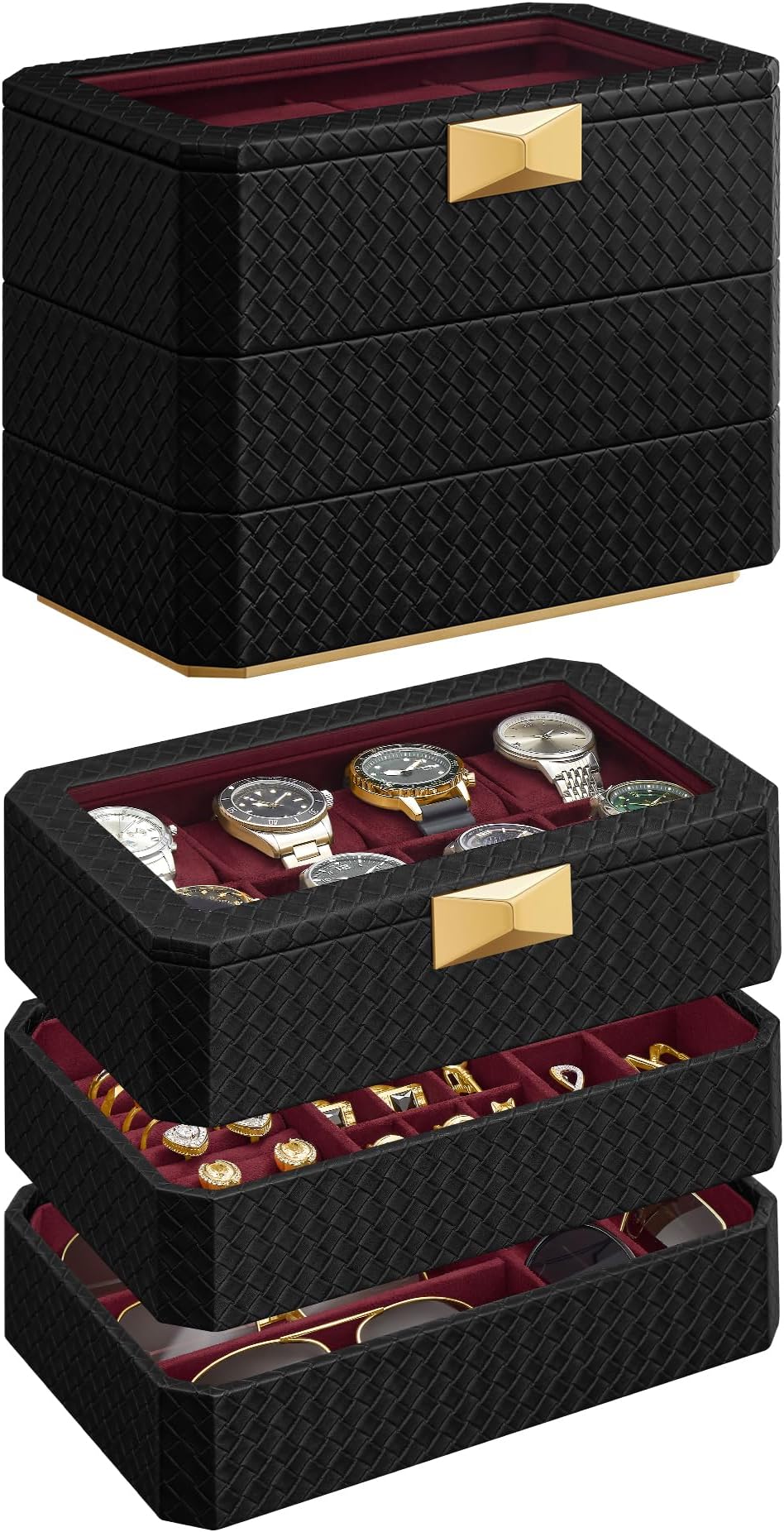 SONGMICS HOMESONGMICS HOME RONNE Collection - 3-Tier Watch Box, Stackable 8-Slot Watch Case, Woven Embossed PU Leather, Floating Effect, Gift Idea, Ink Black Surface, Wine Red Lining UJWB021R01