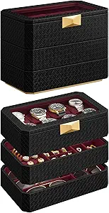 SONGMICS HOME RONNE Collection - 3-Tier Watch Box, Stackable 8-Slot Watch Case, Woven Embossed PU Leather, Floating Effect, Gift Idea, Ink Black Surface, Wine Red Lining UJWB021R01
