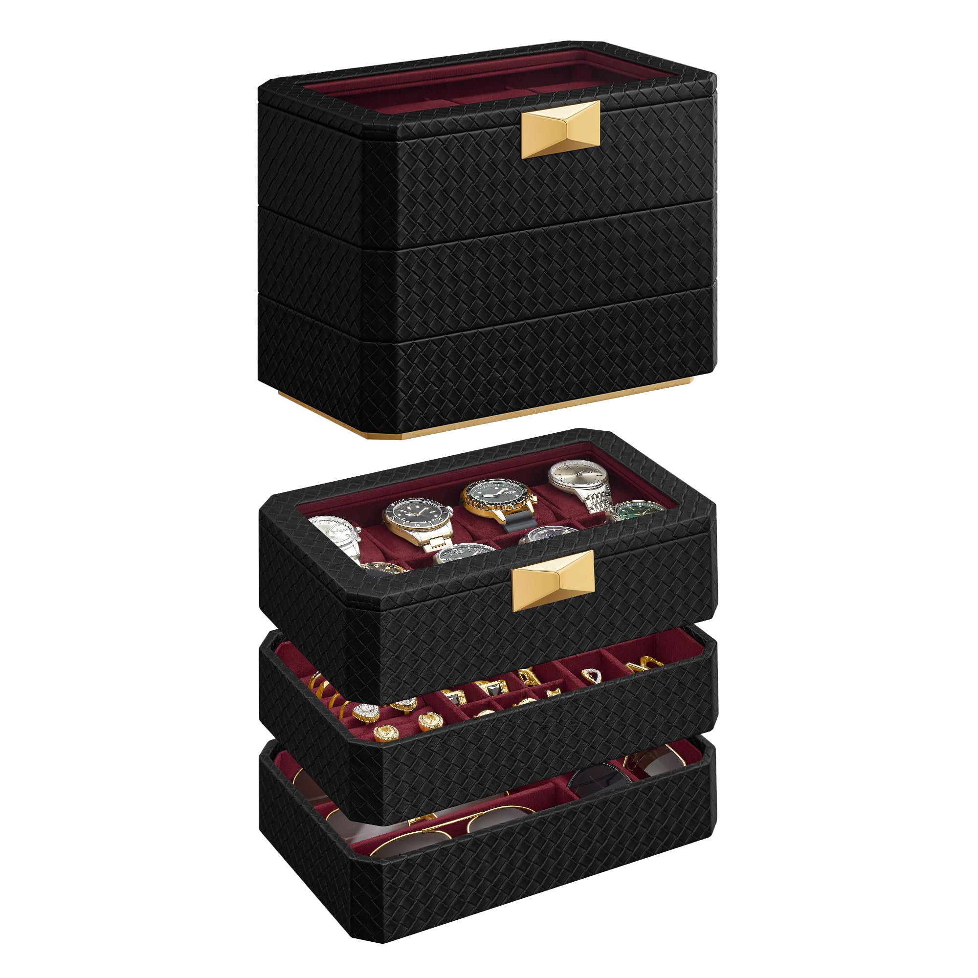 SONGMICS HOMESONGMICS HOME RONNE Collection - 3-Tier Watch Box, Stackable 8-Slot Watch Case, Woven Embossed PU Leather, Floating Effect, Gift Idea, Ink Black Surface, Wine Red Lining UJWB021R01