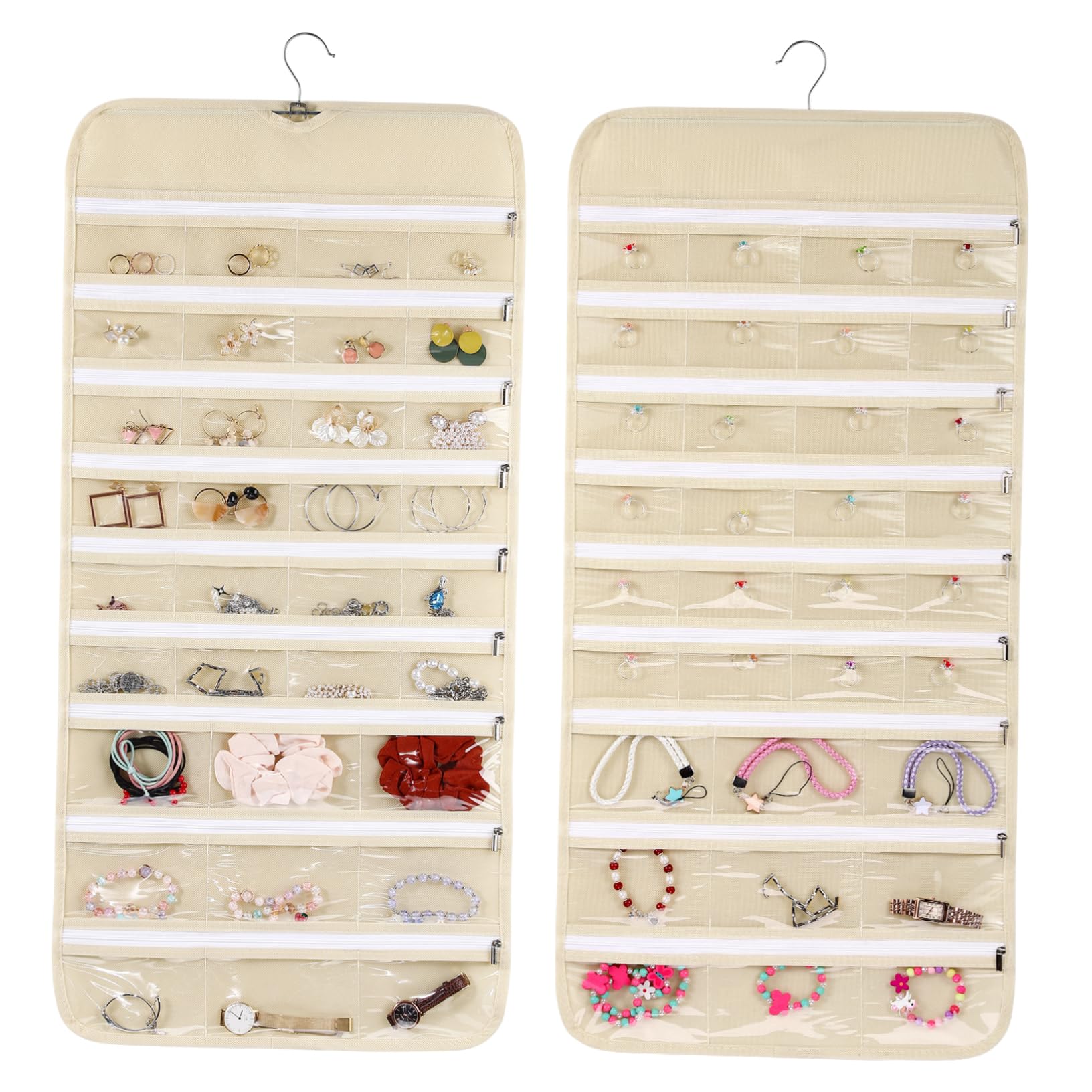 SEIWEI Espositore da appendere per gioielli, 80 tasche trasparenti con doppio lato e gancio per riporre gioielli, orecchini, collane, anelli, braccialetti, colore: bianco