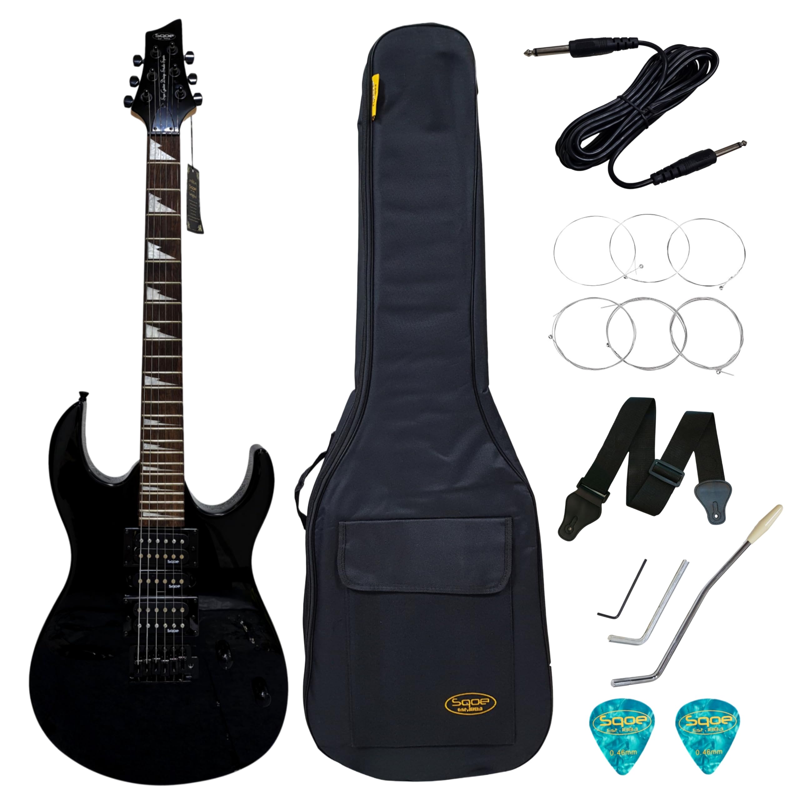 SQOE SEIB370 Super Strat RG series Electric Guitar Professional Solid Body Full Size, HSH Pickups, 24 Frets, with Padded Gig Bag,Extra String set, Strap, Cable, Picks, Tools (Glossy Black)