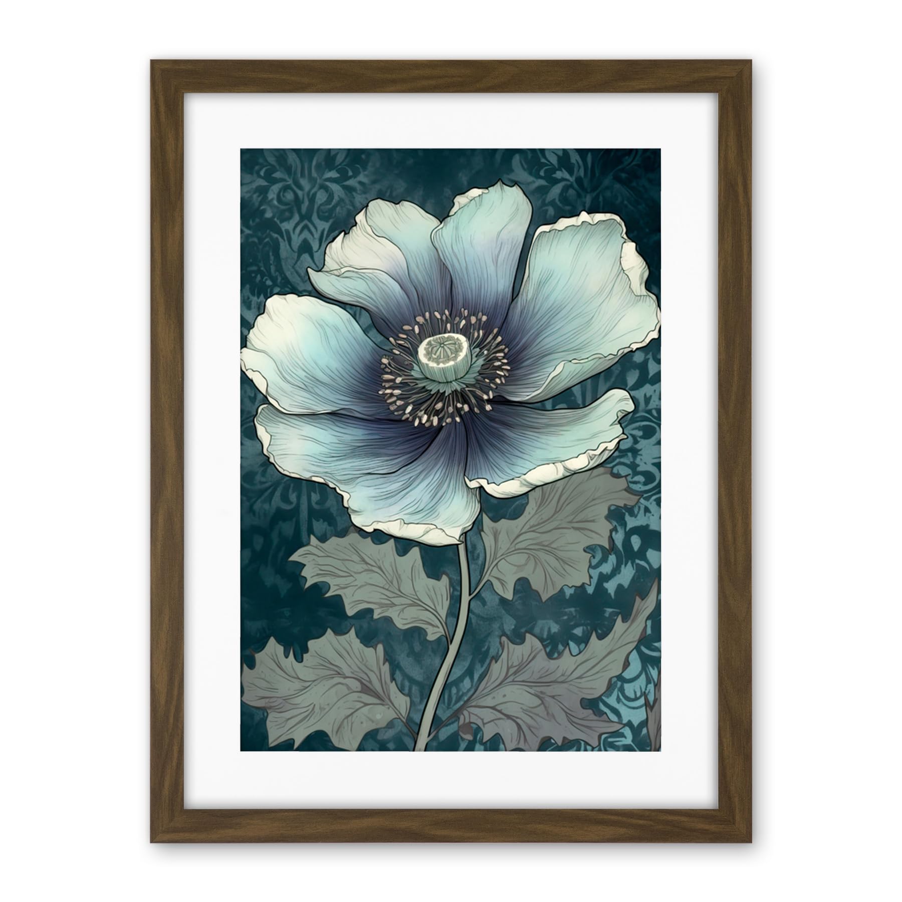 Artery8 Anemone Flower Bloom Teal Blue Watercolour Artwork Framed Wall Art Print 18X24 Inch