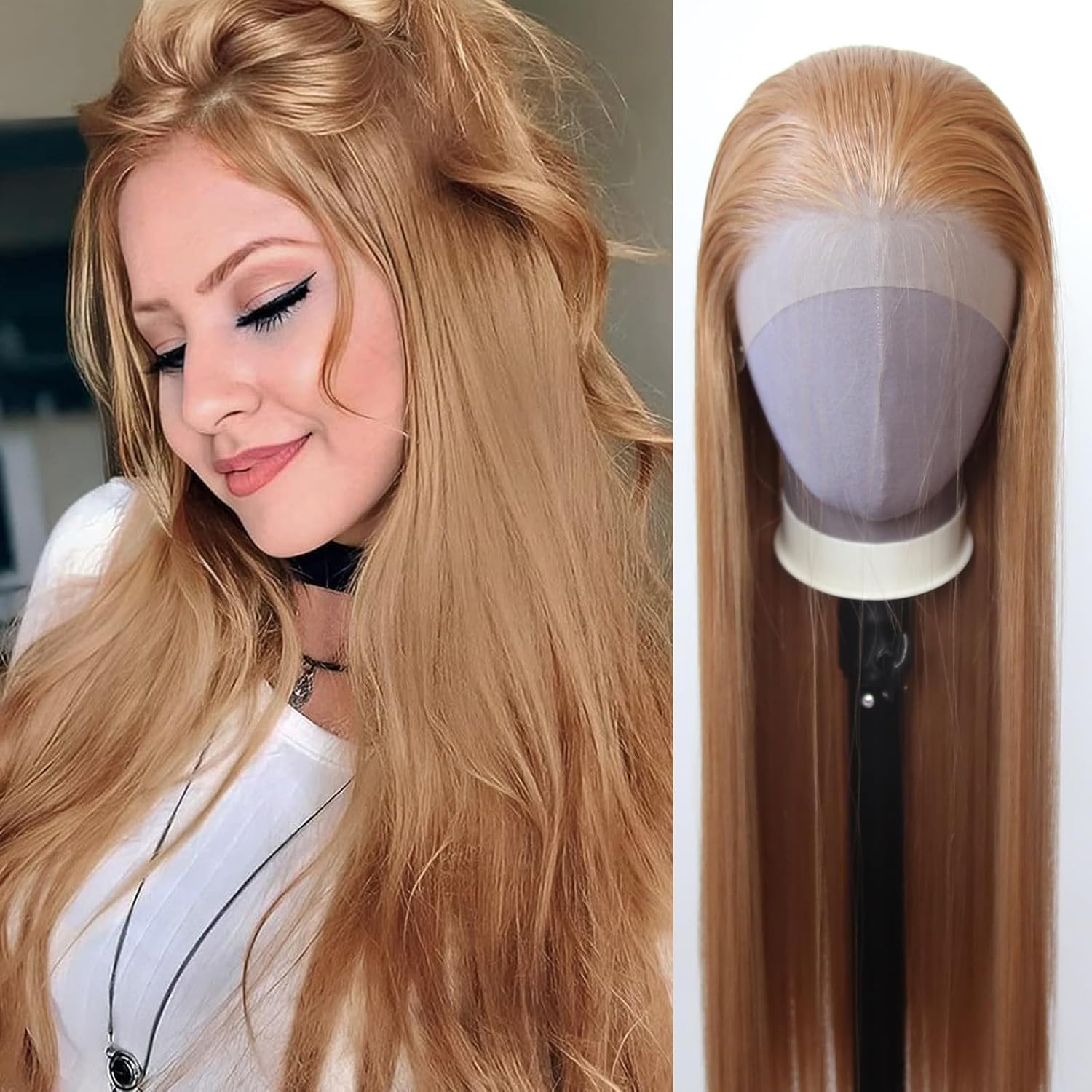 Zigzag Hair Strawberry Blonde Long Straight Honey Brown Synthetic Lace Front Wig Pre Plucked with Natural Hairline for Fashion Women Glueless Heat Resistant Wig