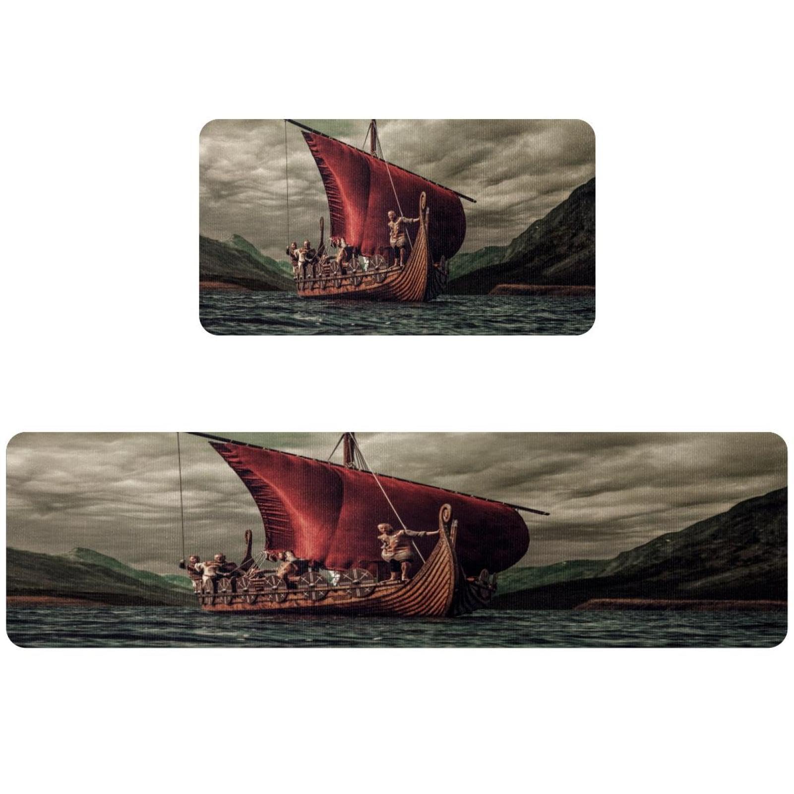 Tapis de cuisine motif voilier Vikings anti-glisse et absorbant pour sécuriser la buanderie