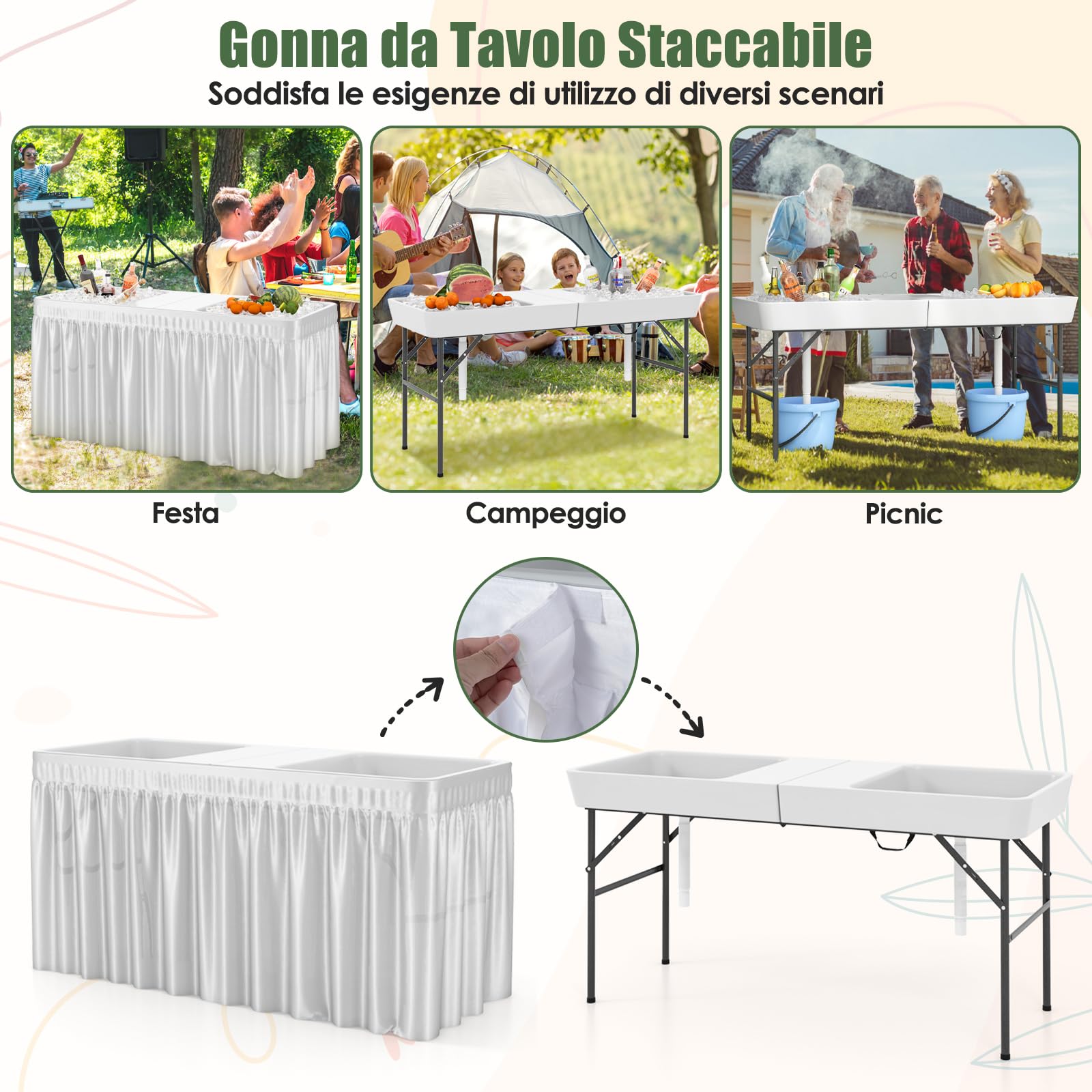 RELAX4LIFE Tavolo Refrigerante Pieghevole 150 CM per Bevande e Alimenti Freddi, con 2 Lavelli, Gonna Rimovibile, Tubo di Scarico Regolabile, Piano in HDPE, Tavolo del Ghiaccio Per Giardino, Campeggio