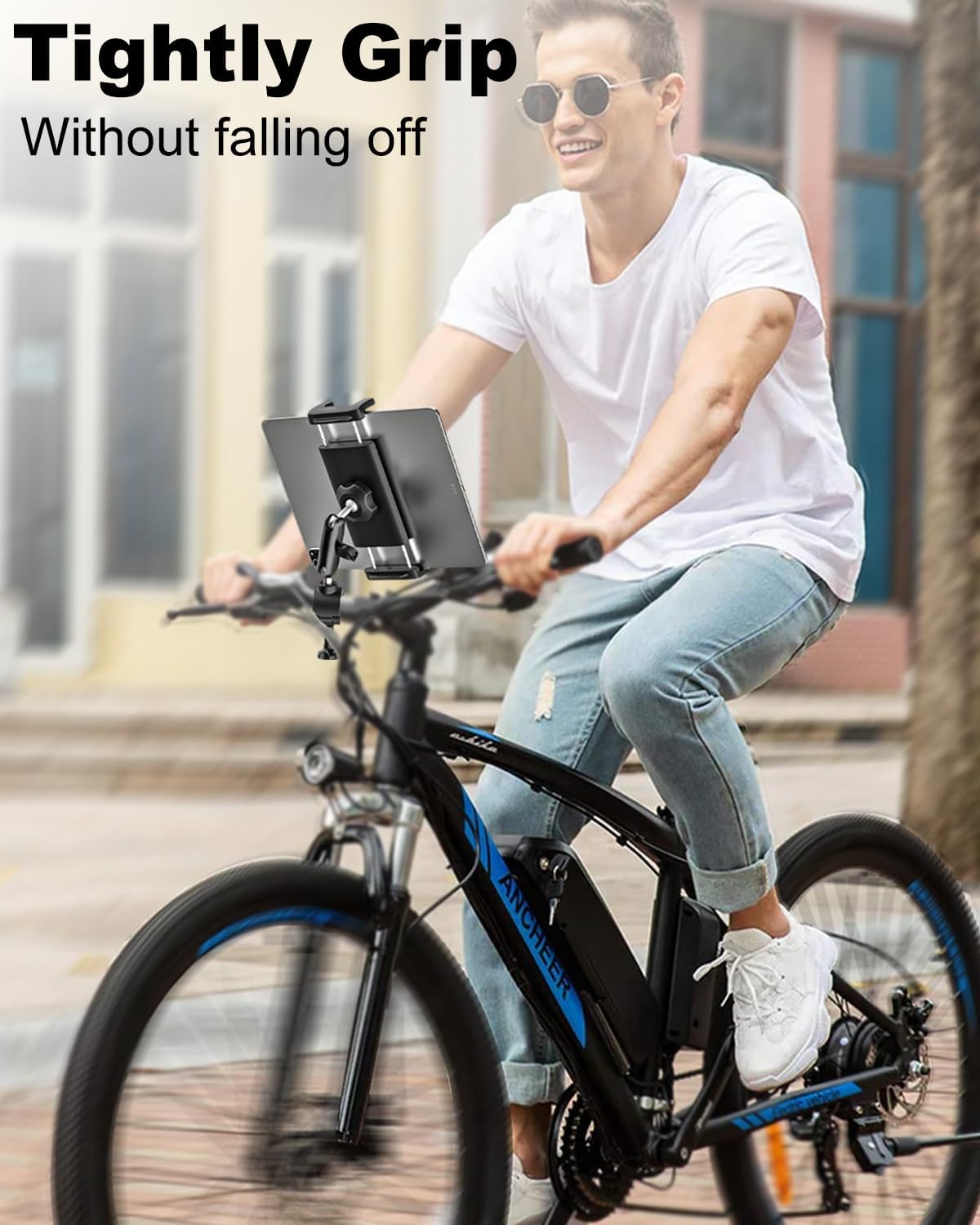 Bike Tablet Holder Handlebar Clamp - [Anti-Shake Metal Arm] Motorcycle Tablet Mount, Universal ipad Holder for Treadmill, Stroller, Wheelchair, Exercise Bike, for 4-13" Tablets Phones