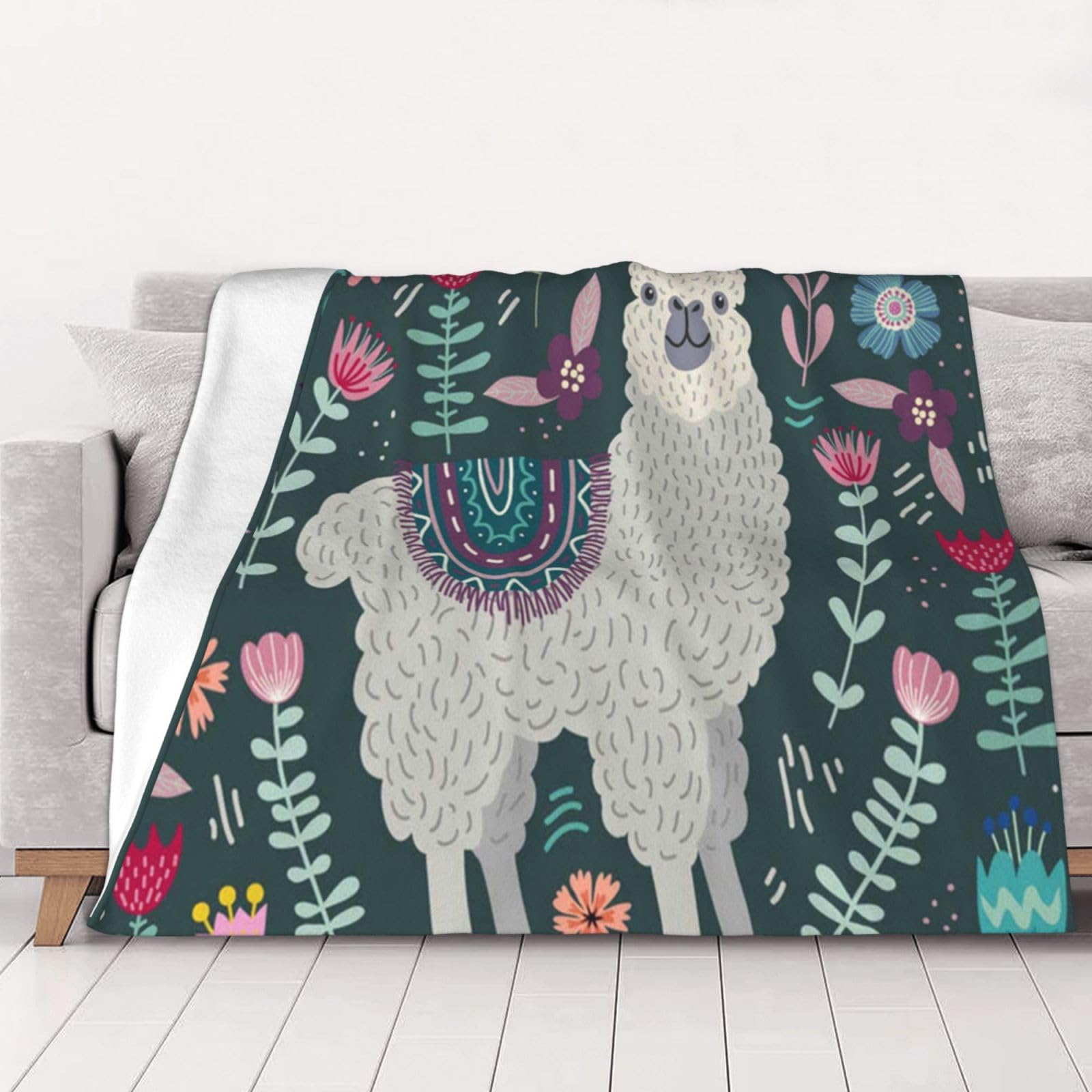 AUBKFELD Flower Alpaca Printed Flannel Blanket 150x125 CM, Soft & Warm Throw Blanket for Sofa/Couch/Bed/Car, Gifts for Audlts Women Men