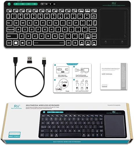 Vista 8 de Rii K18 Plus Teclado multimedia inalámbrico de 3 LED a color retroiluminado con panel táctil de gran tamaño, teclado recargable para Android TV Box