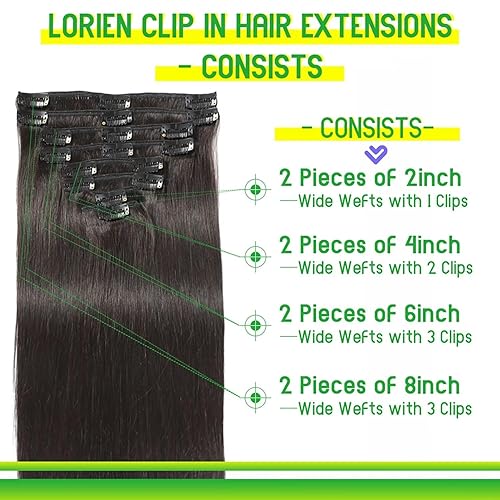Miniatura 3 de LORIEN Extensiones de cabello humano real con pinzas, extensiones de cabello humano 100% humano, 8 piezas por juego con 18 clips de doble trama (16