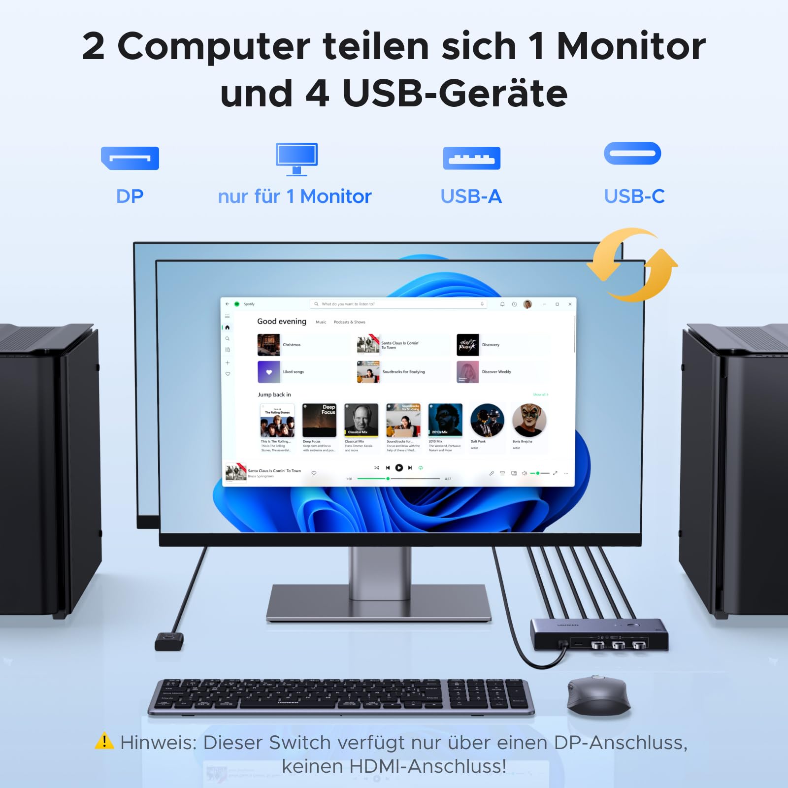 UGREEN DP 1.4 KVM Switch 8K@60Hz 2 PC 1 Monitor mit 4 USB 3.0 Ports | KVM Switch 8K60Hz 4K240Hz 4K120Hz kompatibel mit Windows, MacOS und Linux