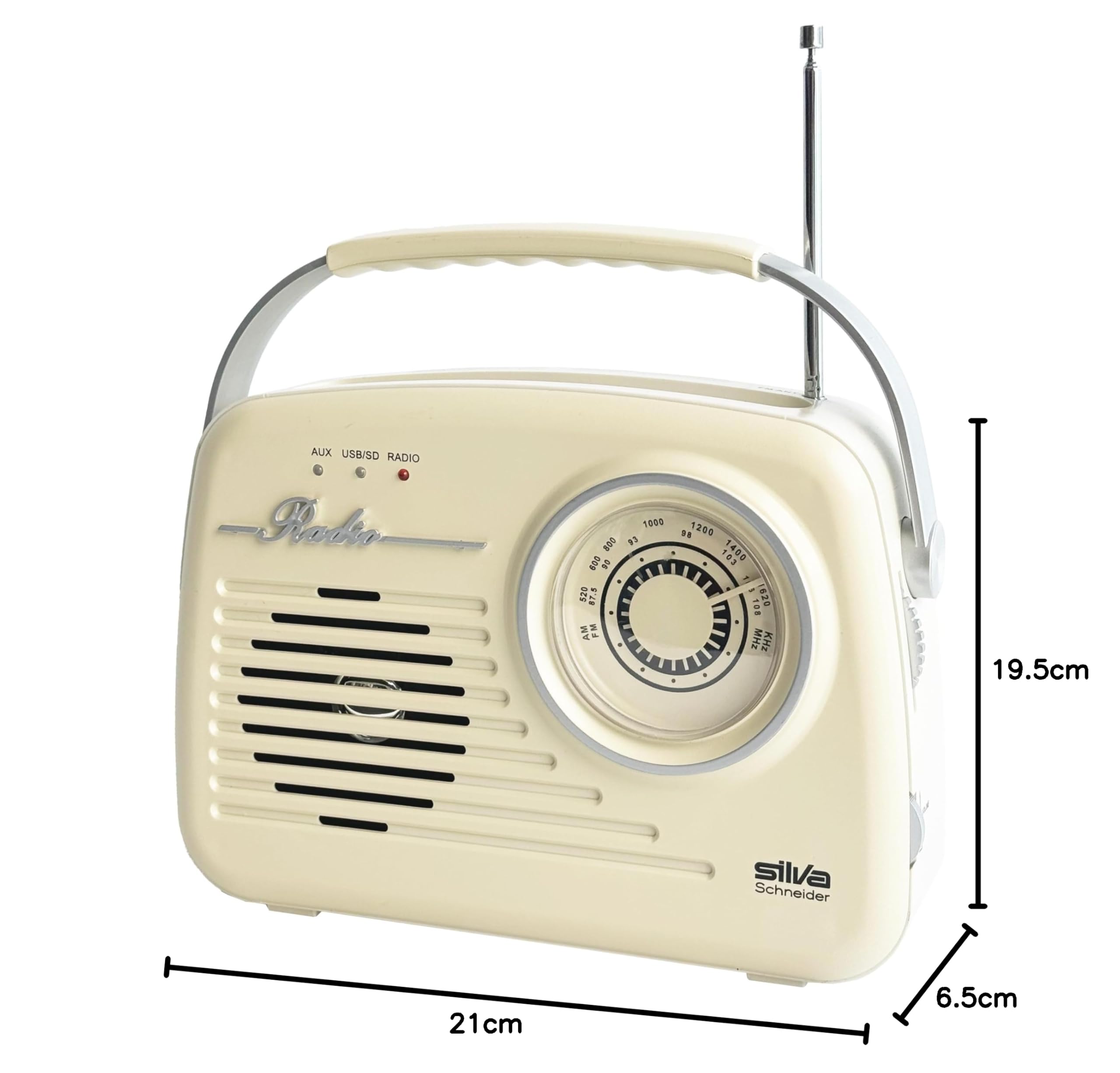 Silva-Schneider Mono 1965 Radio con asa, funciona con pilas o conectándola a la red, color beige
