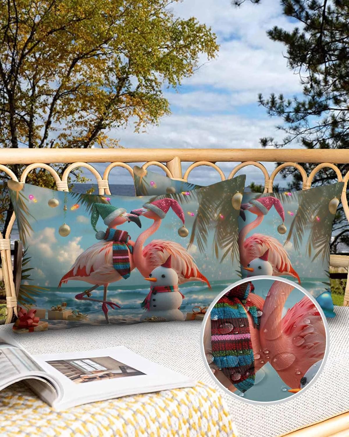 Outdoor Waterproof Throw Pillows Flamingo Christmas Snowman Beach Palm Trees Patio Pillows Pack of 2,Decorative Pillow Covers with Insert,Pillow Cushion Case for Garden Couch Sofa Waves Blue Sky