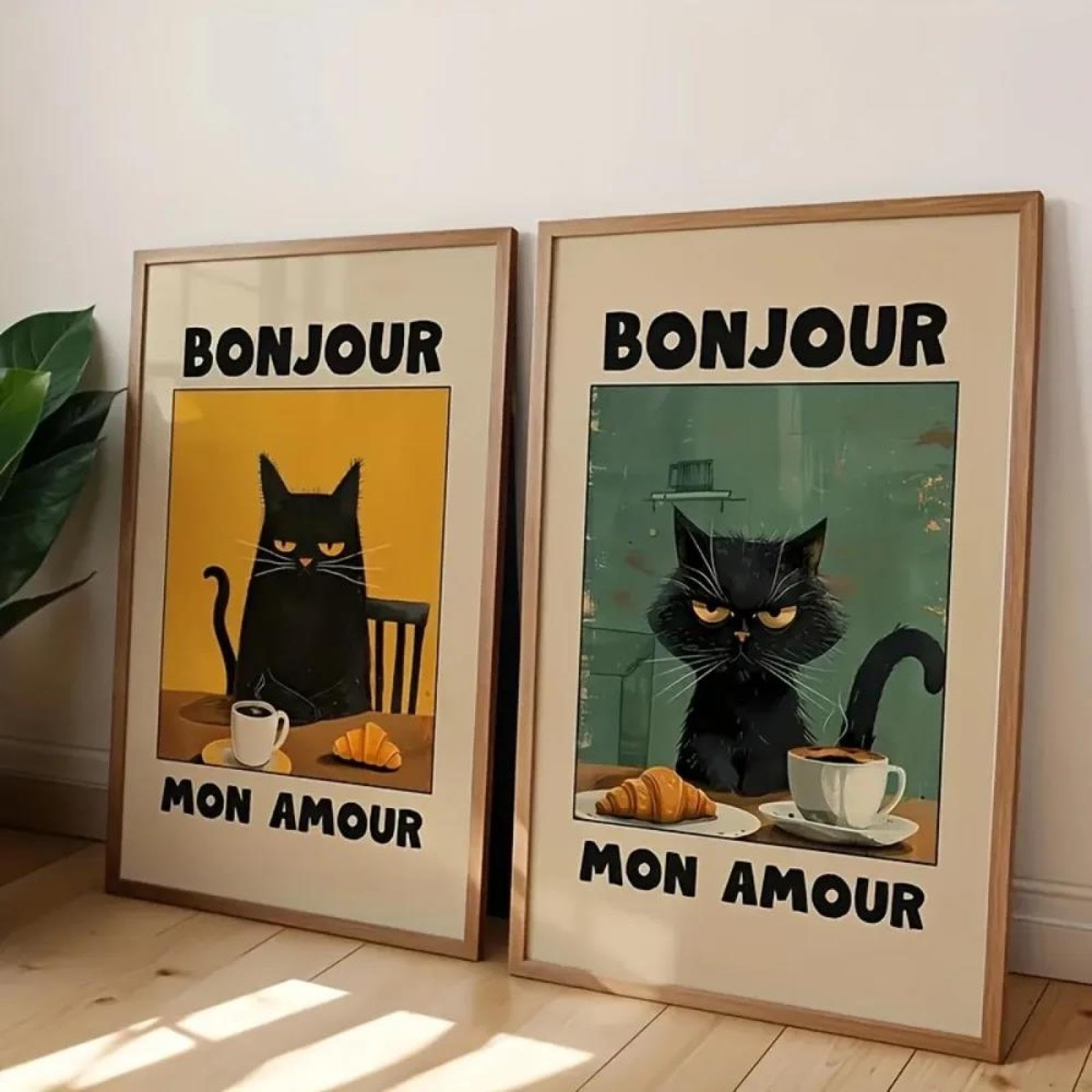 Baibexing Black Funny Cat Coffee Canvas Poster,Bonjour Mon Amour,Modern Living Room Kitchen Coffee Shop Bar Home Decor 30X40cmx2pcs Unframed