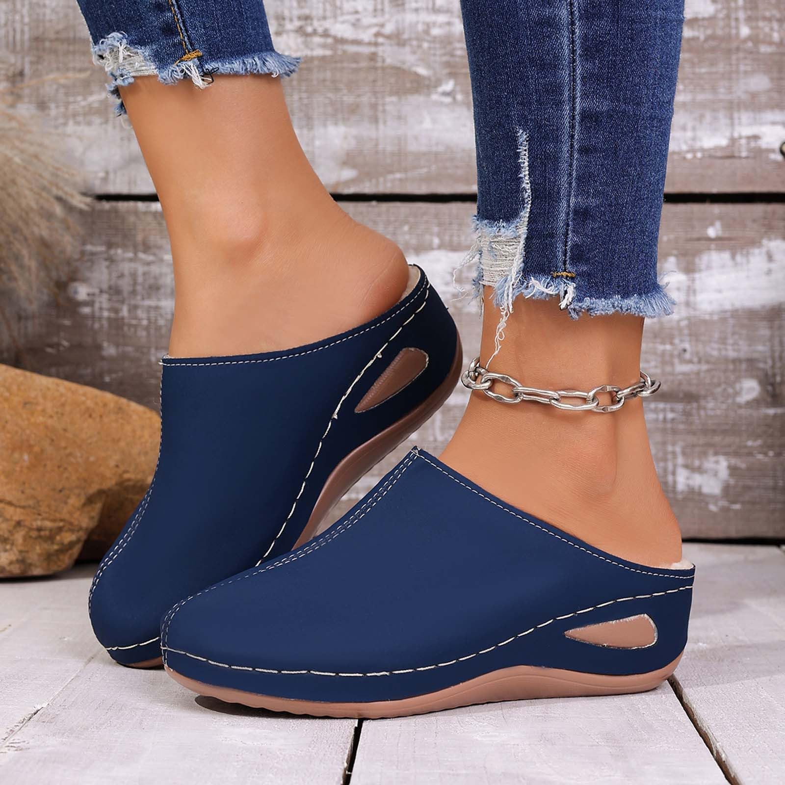 Pantuflas de invierno para interiores y exteriores, acogedoras, con forro sintético, tacón inclinado, suela cómoda y cálida
