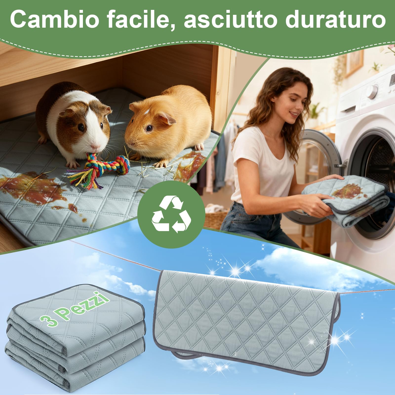3 Coperchi Anti-Urina Riutilizzabili per Cavie - Super Assorbente & Anti-Scivolamento, Accessorio Ideale per Gabbia, Casa e Recinto Interno di Cavie(3, 60 * 45cm)