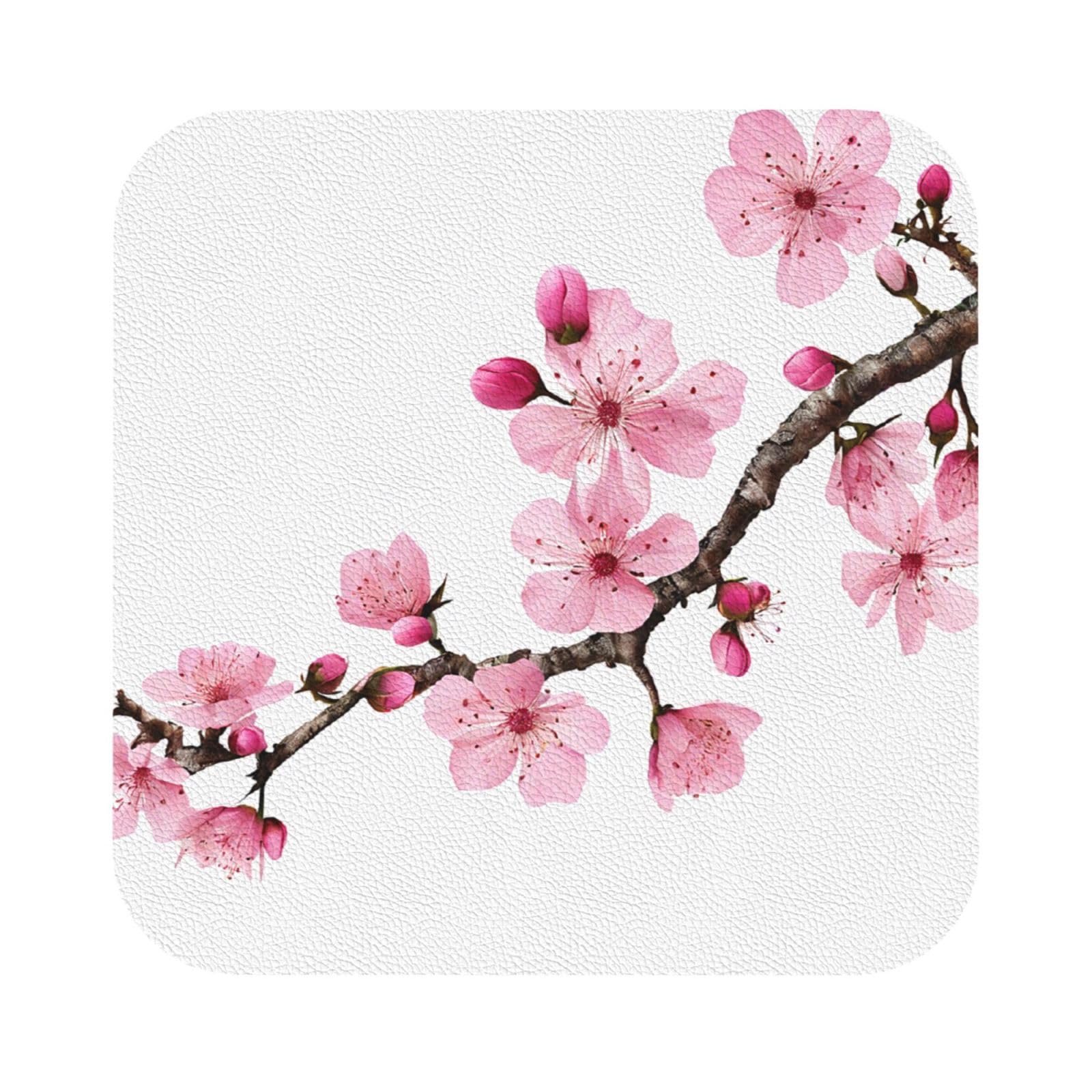 (Tempting Cherry Blossoms) Leather Coaster Set Of 6 Premium Square Drink Coasters For Home Office Restaurant Bar
