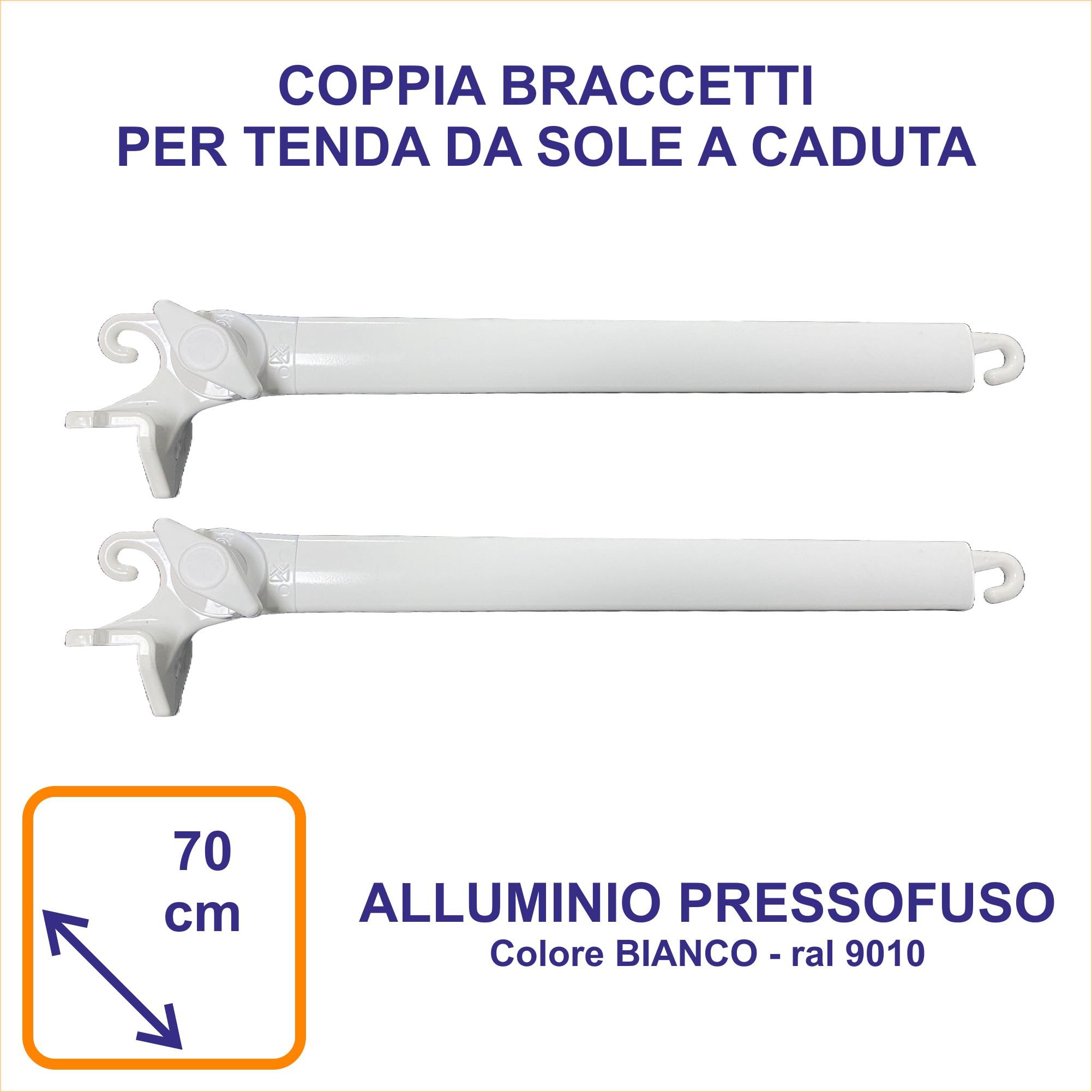 FRAMIG® Coppia braccetti in alluminio per tenda da sole a caduta. (1 - Bianco, Sporgenza 70 cm.)