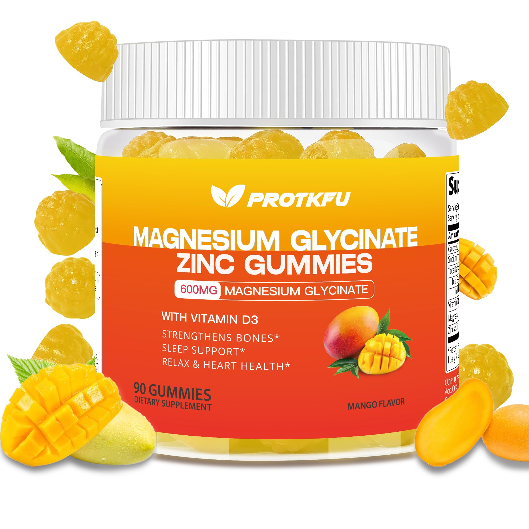 Magnesium Glycinate Gummies, 90 Count | Sugar Free Magnesium Supplement w/Zinc & Vitamin D3 for Adults, Vegan Magnesium Gummies Mango Flavor Mango 90 Count (Pac