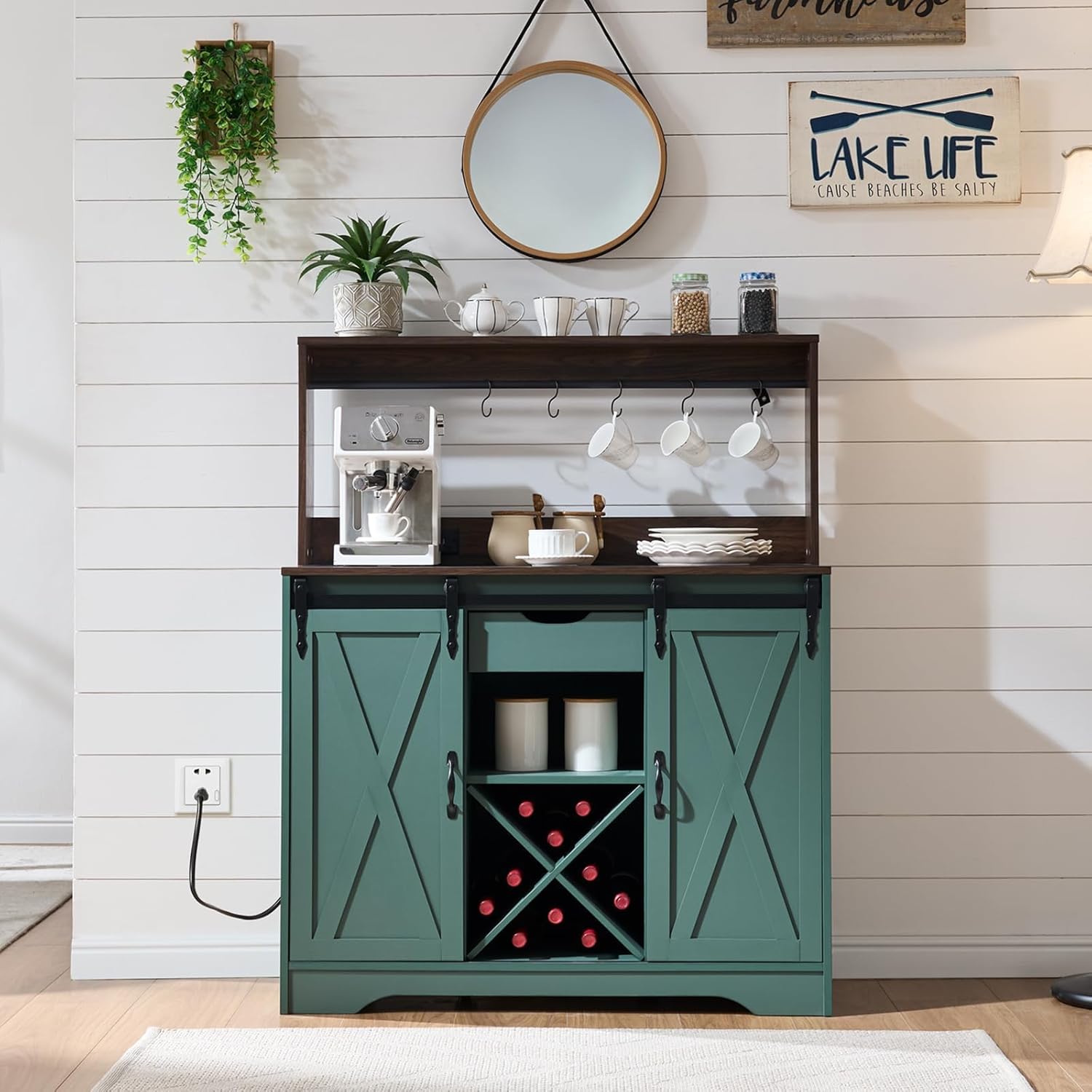 Wnutrees Farmhouse Coffee Bar Cabinet with Charging Station and USB Ports,Sliding Barn Door,39" Kitchen Hutch Sideboard Buffet Storage Cabinet,Fits Kitchen Dining Living Room, Green