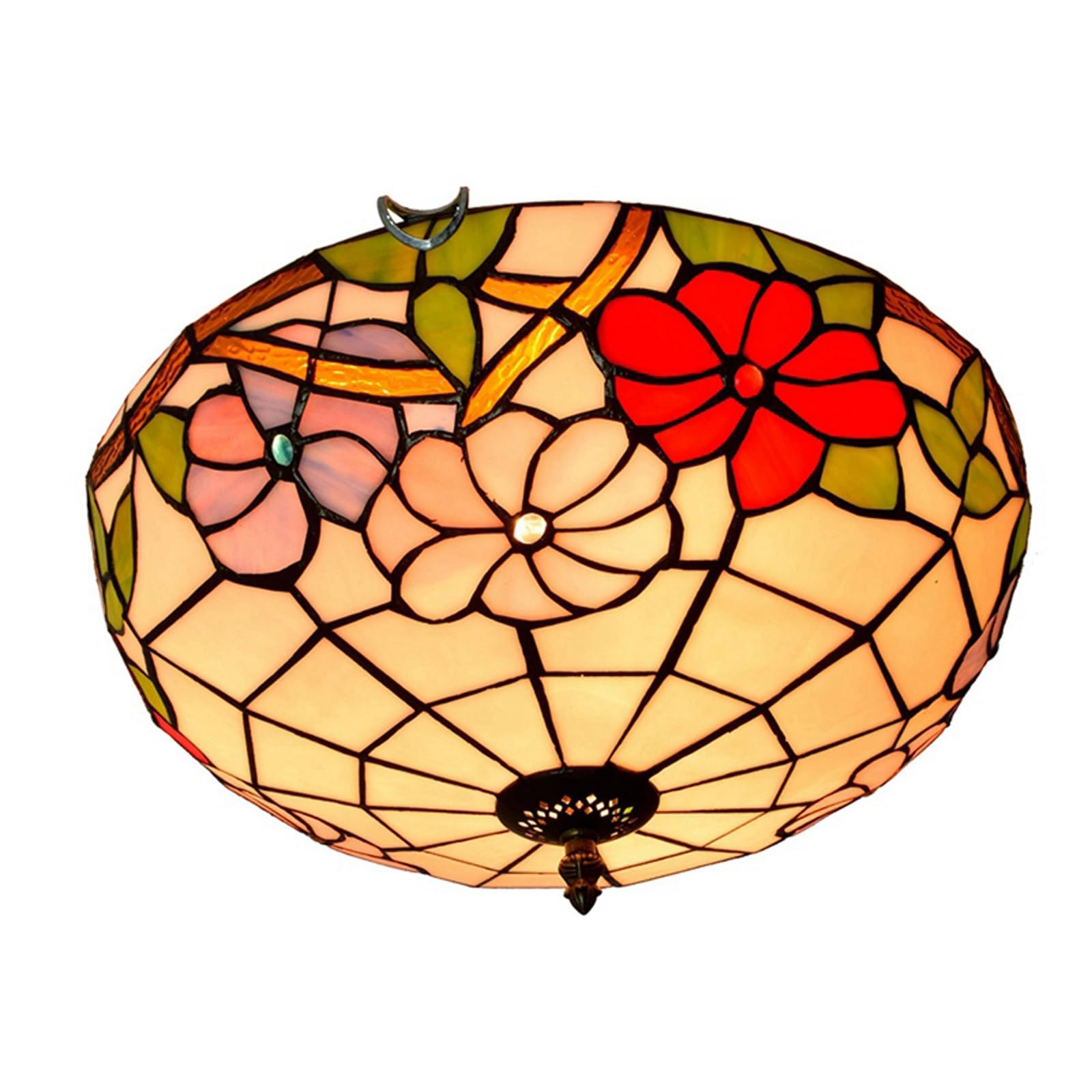 HJRegaFimu 16 Inches Flush Mount Ceiling Light Tricolour Petunias Stained Glass Uplighter Lamp Vintage Style Deco Large Chandelier For Living Dining Room Bedroom Corridor
