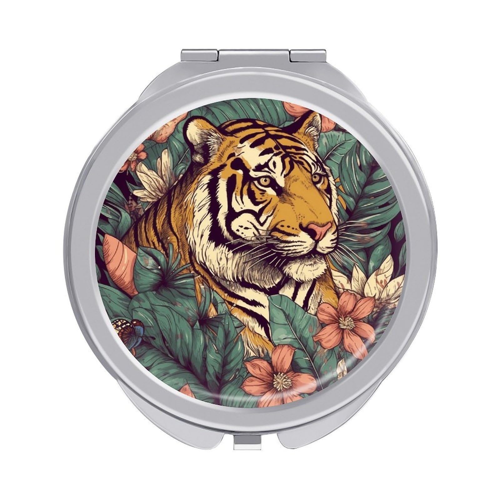 VstaDank Tropical Tiger Travel Makeup Mirror Cute Compact Mirror for Women 1X/2X Magnifying Metal Pocket Makeup Mirrors Folding Round Makeup Mirrors for Handbag Wallet & Gift